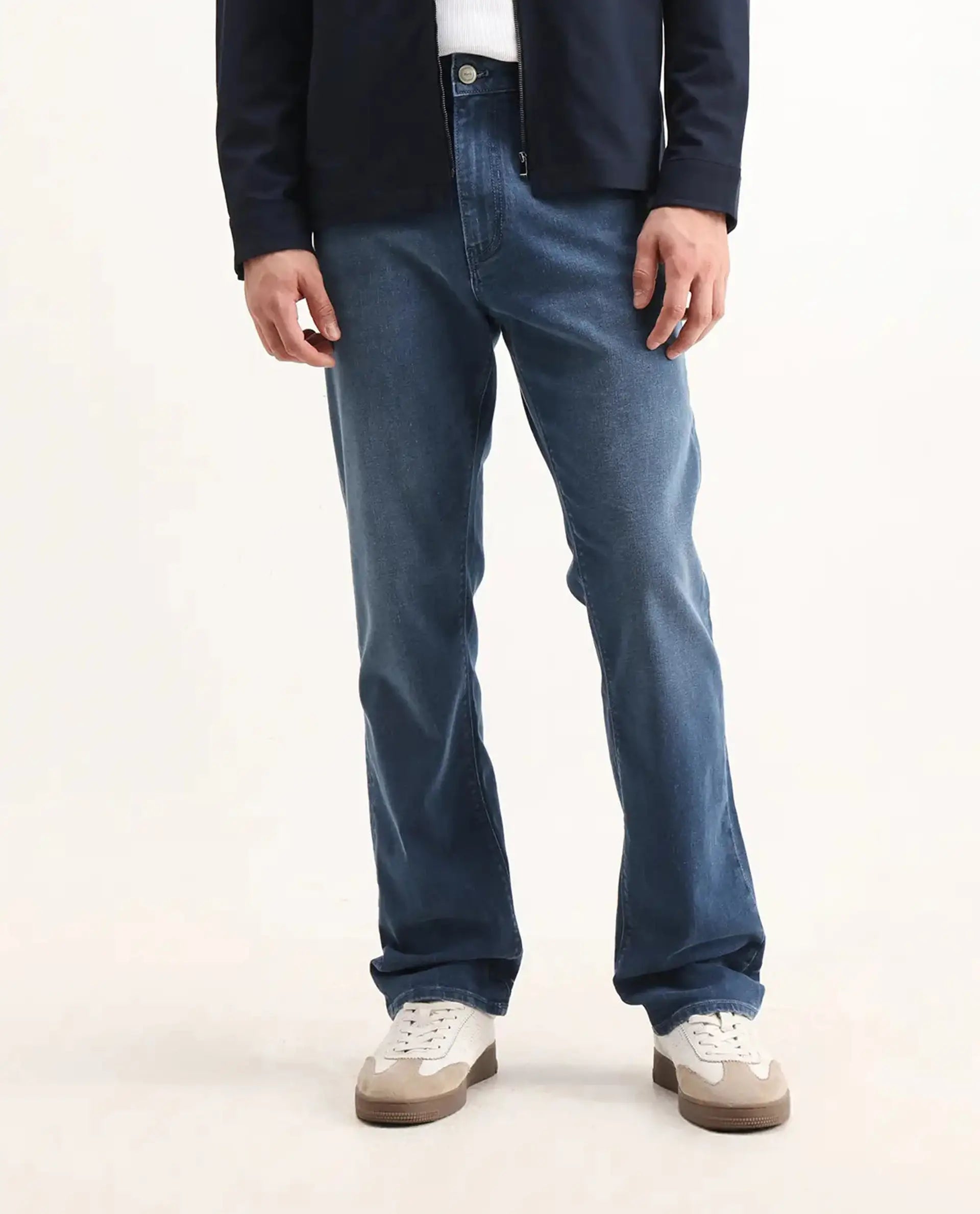 Rare Rabbit Men's Stone Blue Cotton Blend Plain Morris Regular Fit Jeans