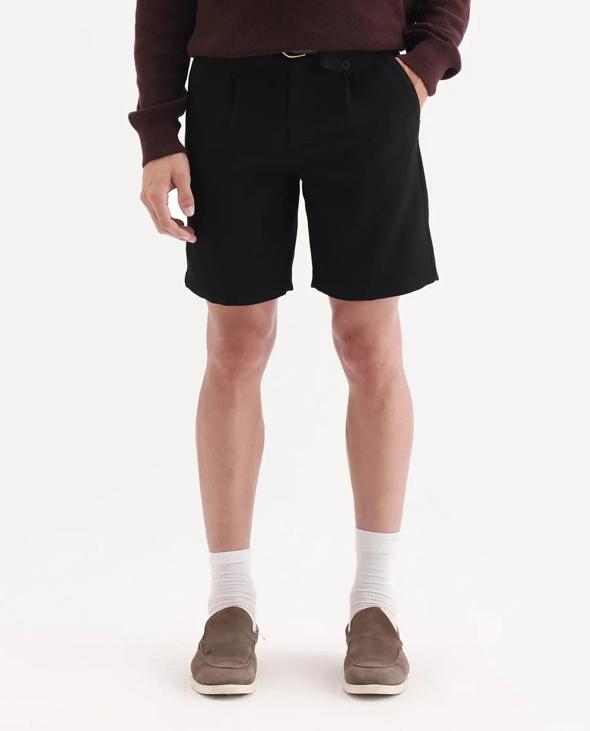 Rare Rabbit Men Tocki Black Polyester Blend Fabric Button Closure Plain Shorts