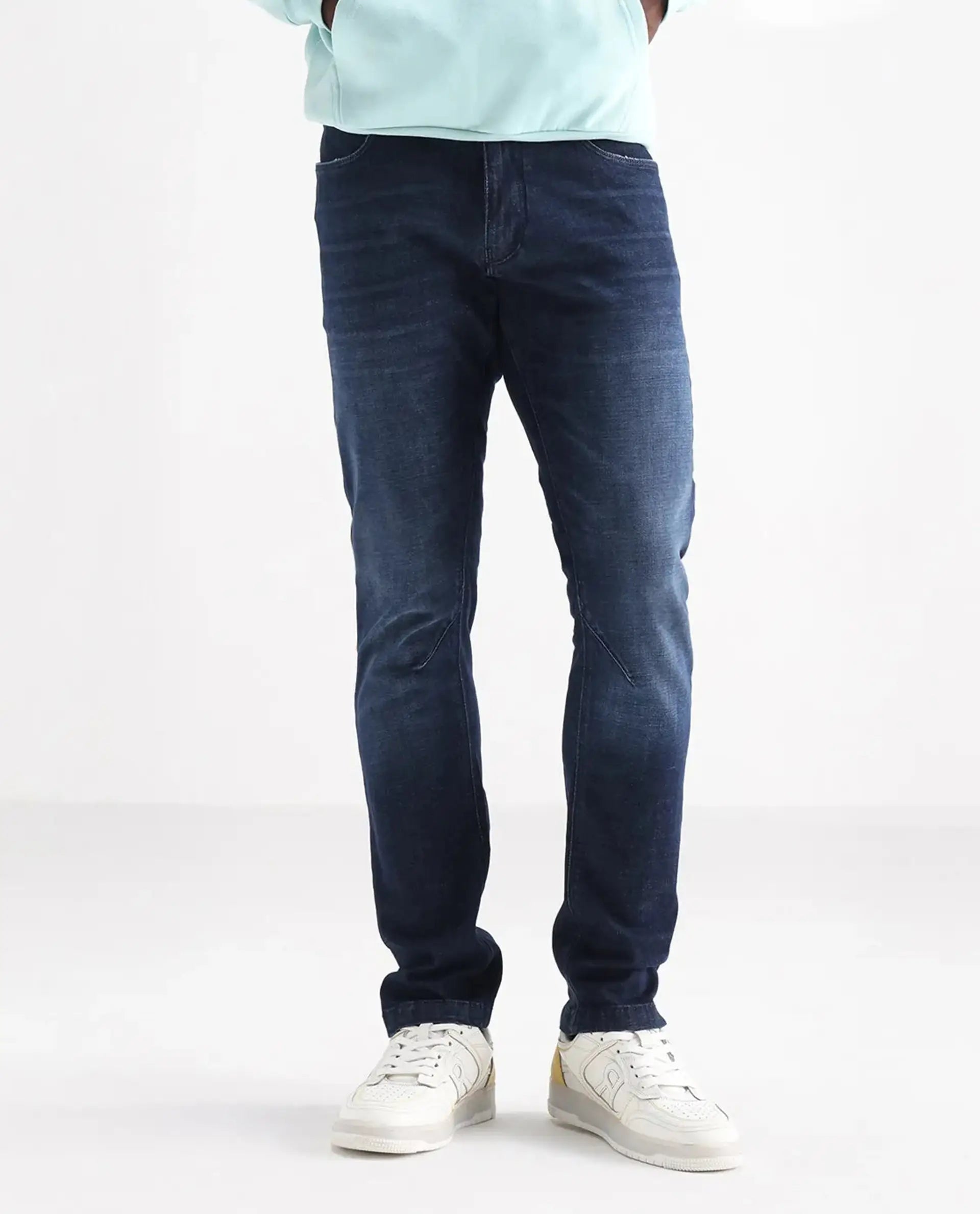 Rare Rabbit Men's Toke Dark Blue Cotton Plain Hawk Slim Fit Jeans