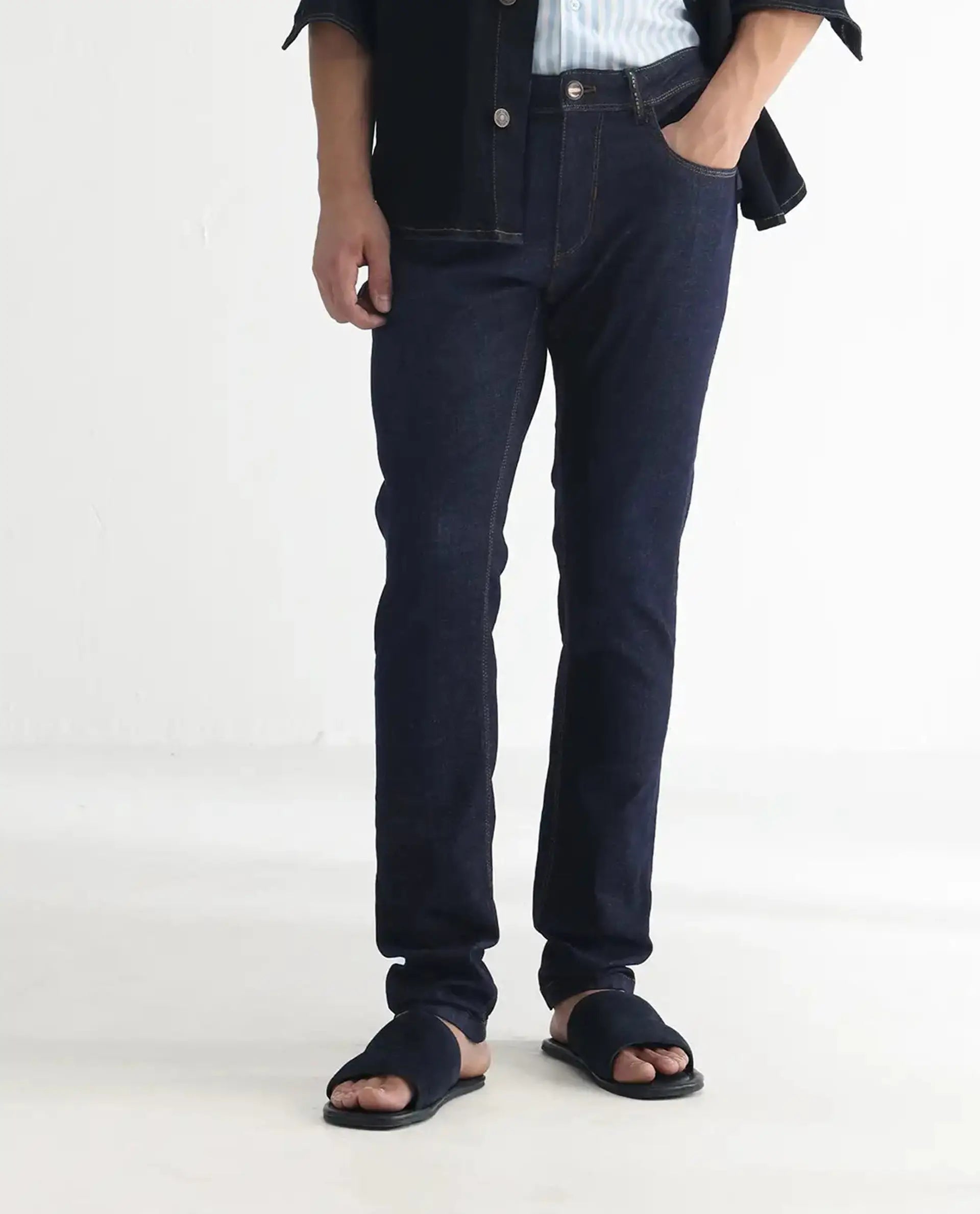 Rare Rabbit Men's Toledo Navy Cotton Plain Hawk Slim Fit Jeans