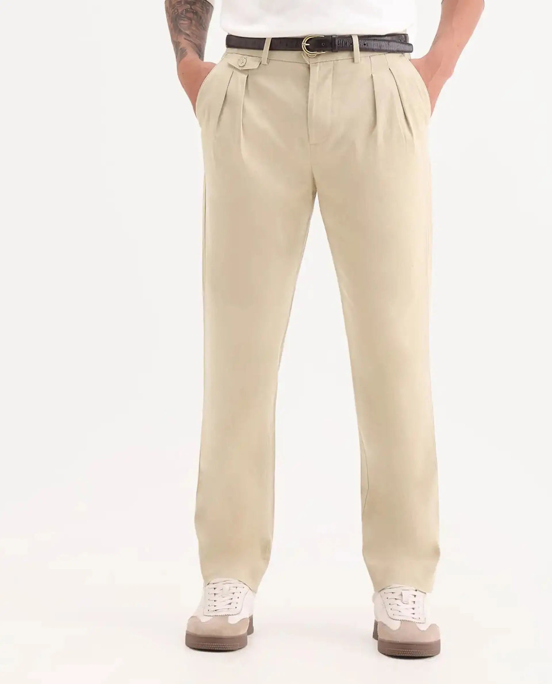 Rare Rabbit Men's Torro Beige Cotton Blend Plain Regular Fit Trouser