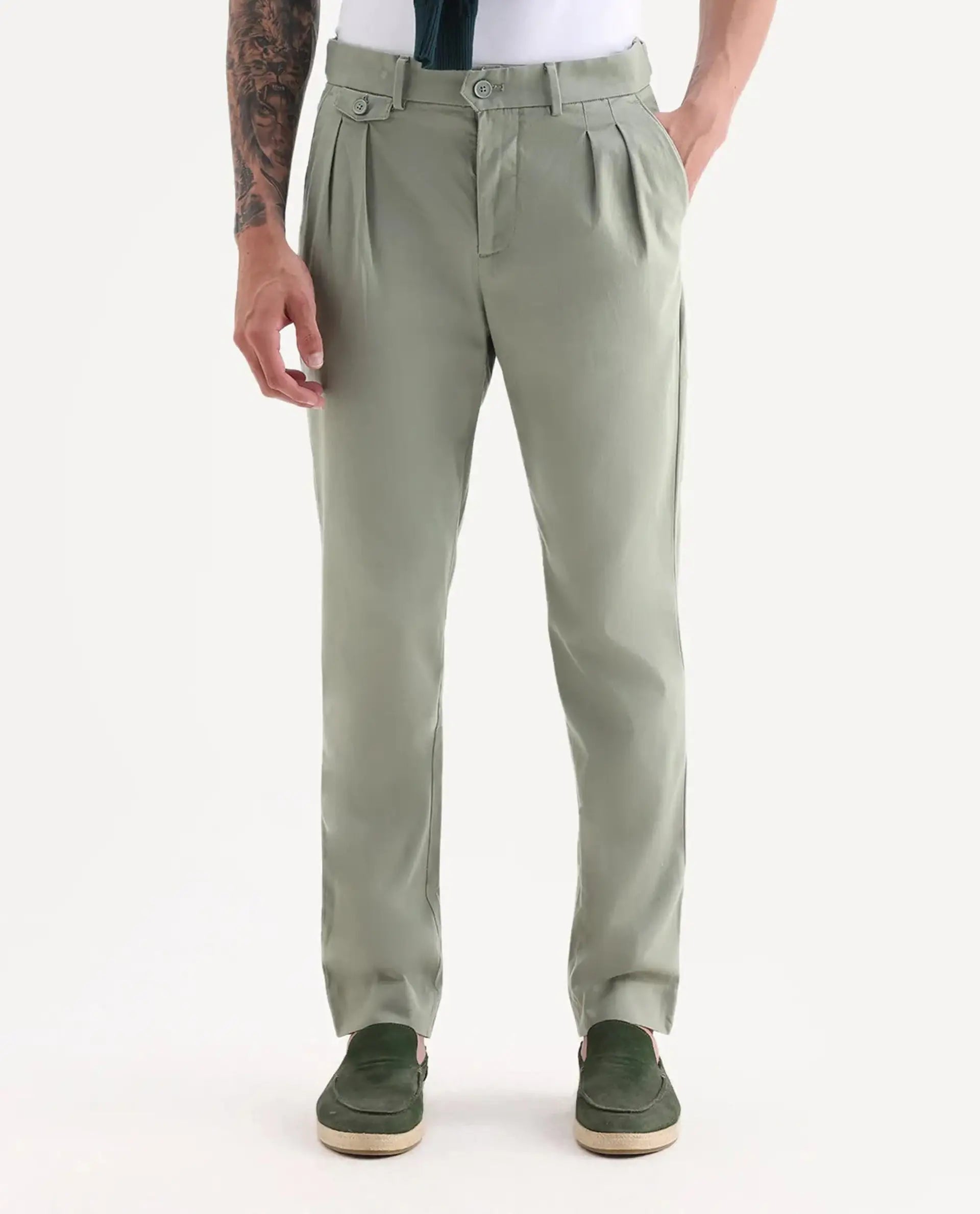 Rare Rabbit Men's Torro Dusky Green Cotton Blend Plain Regular Fit Trouser