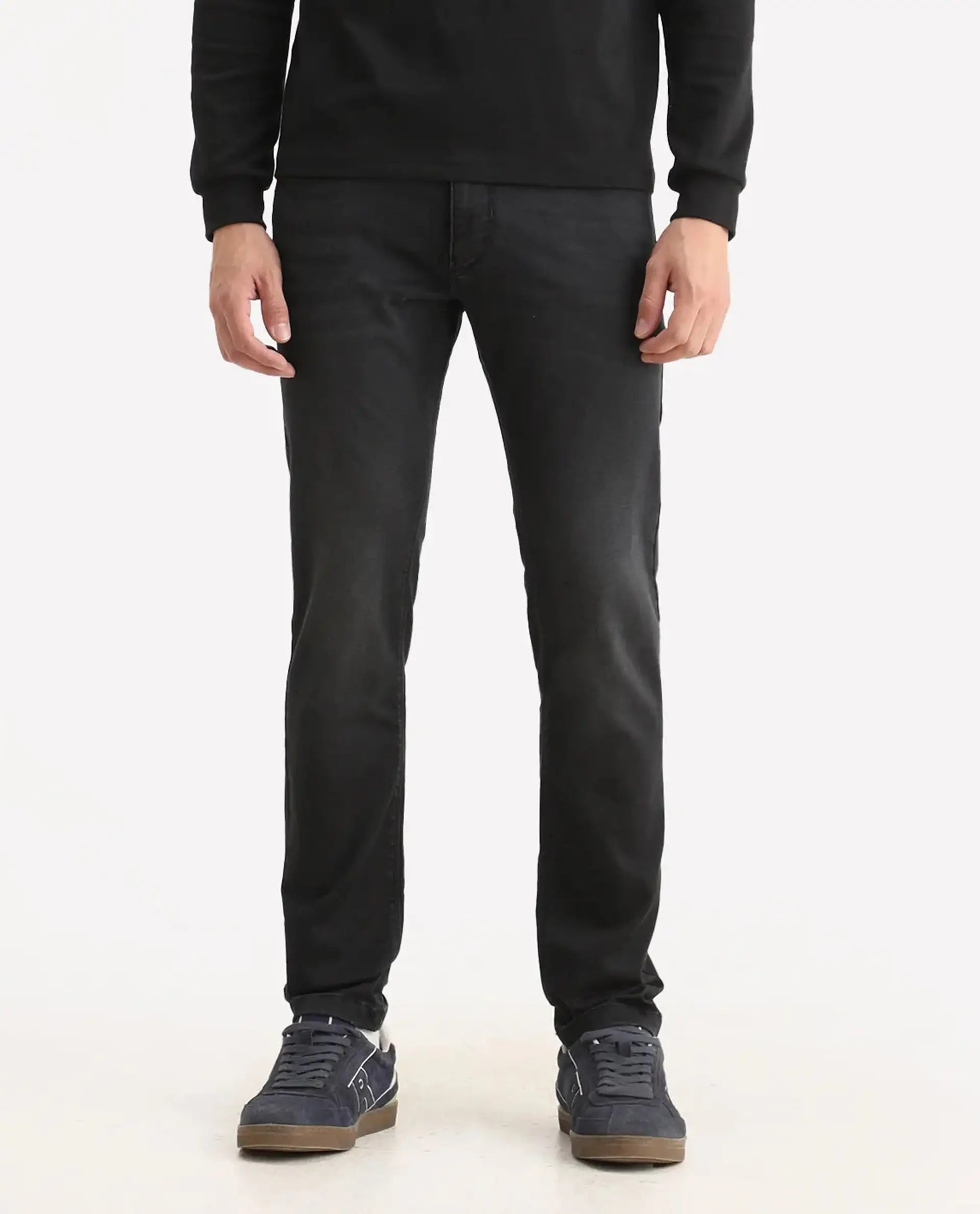 Rare Rabbit Men's Tours-1 Dark Grey Cotton Blend Fabric Hawk Slim Plain Jeans