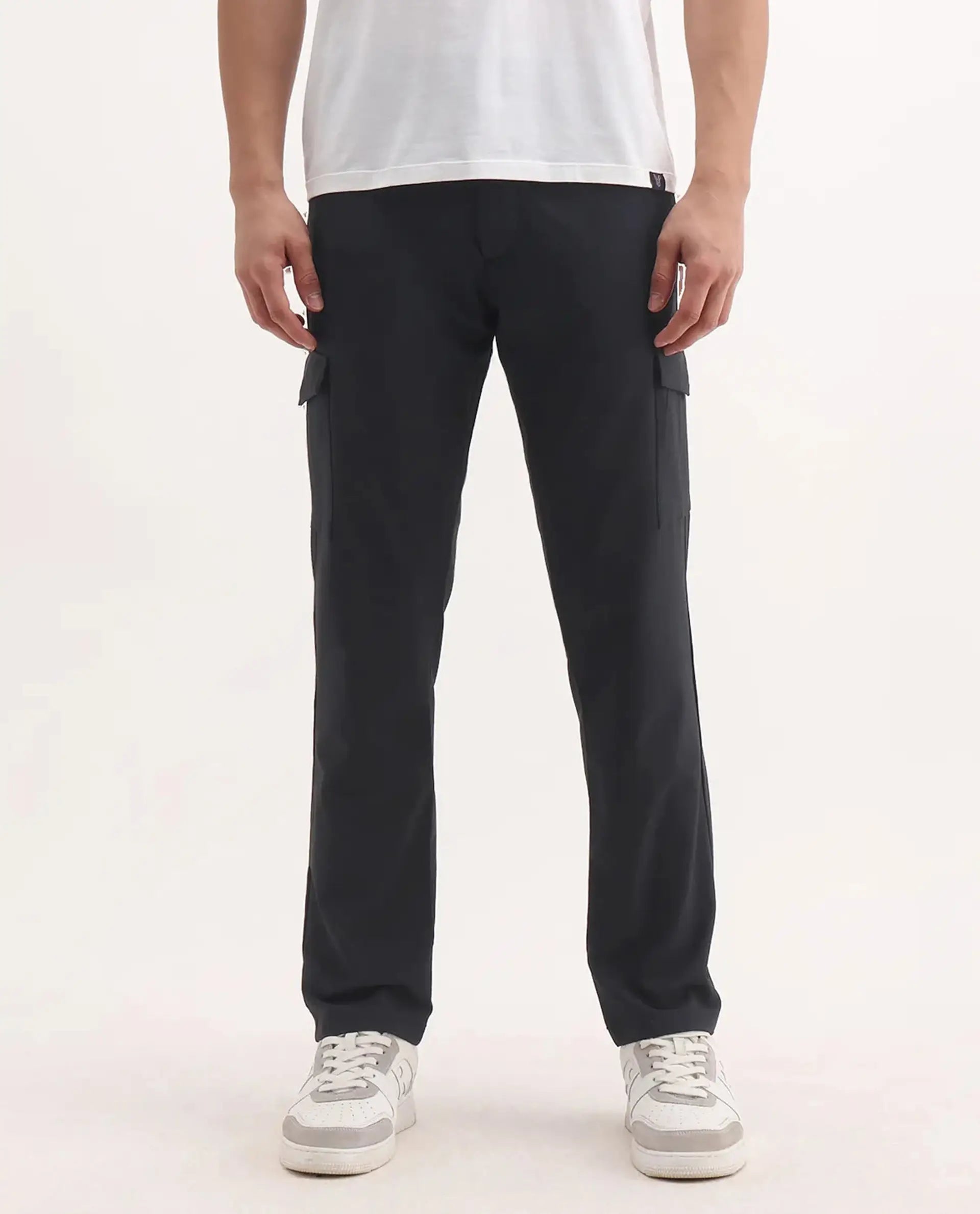 Rare Rabbit Men's Traco Black Polyester Blend Plain Regular Fit Trouser