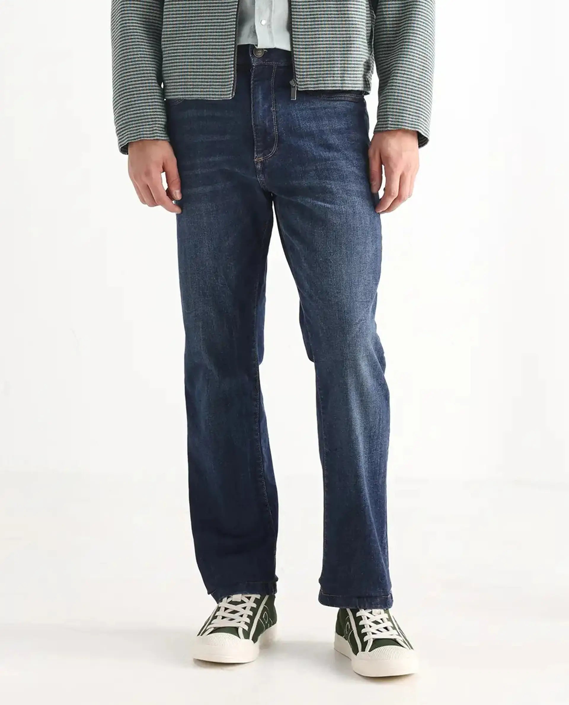 Rare Rabbit Men's Train Fluorescent Blue Cotton Blend Plain Morris Regular Fit Jeans