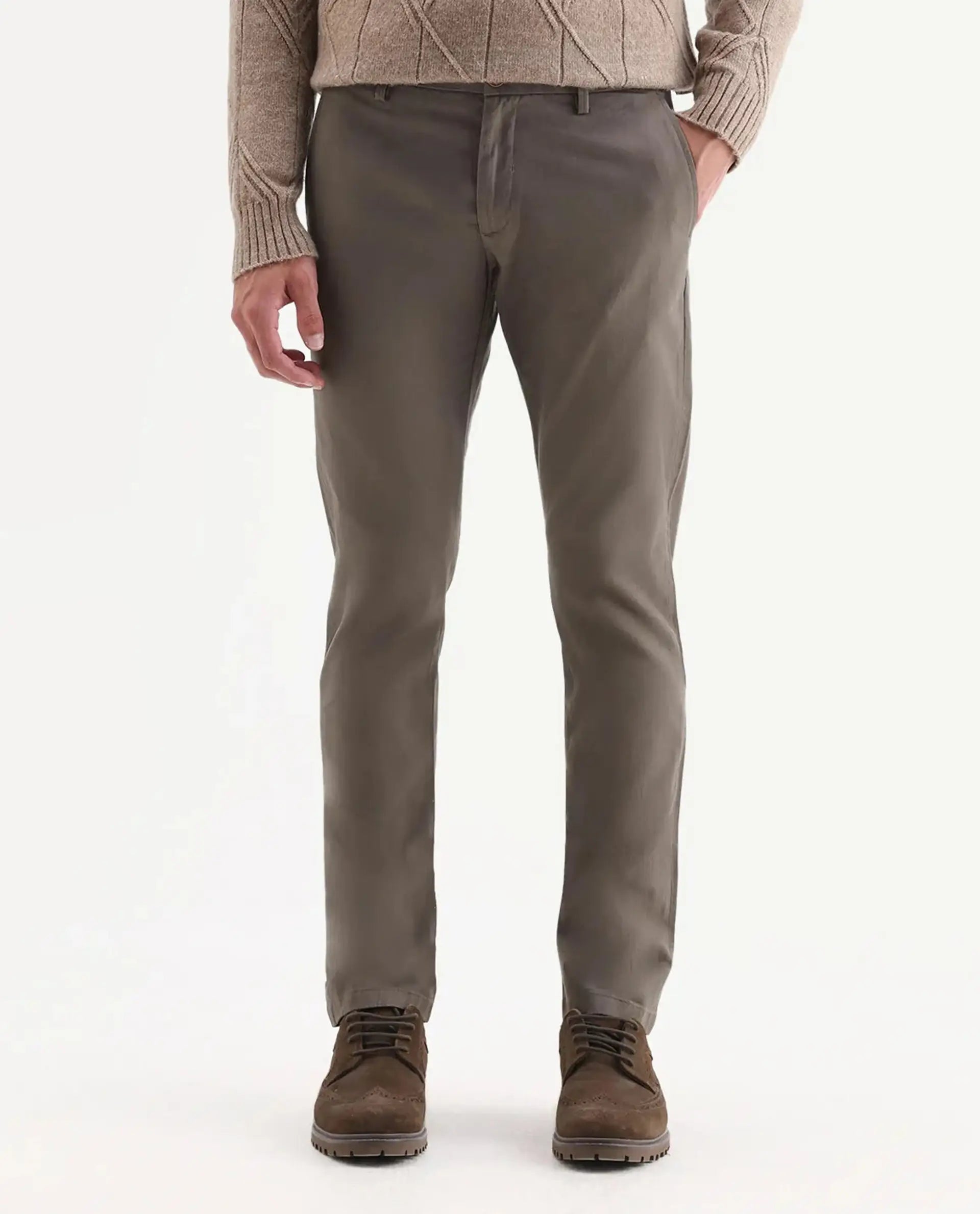 Rare Rabbit Men's Trans Khaki Cotton Plain Regular Fit Trouser