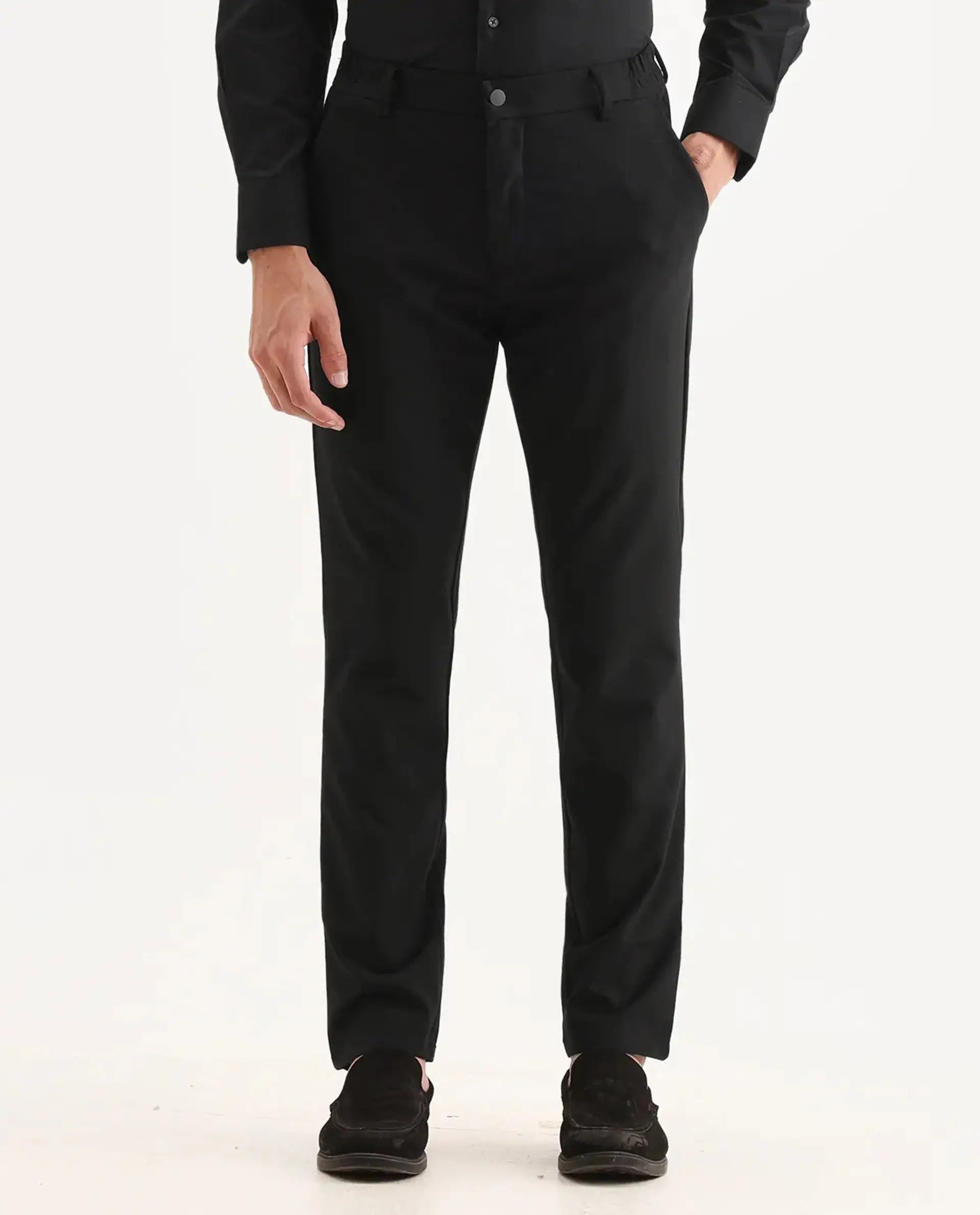 Rare Rabbit Men's Travel-11 Black Polyester Blend Plain Regular Fit Trouser