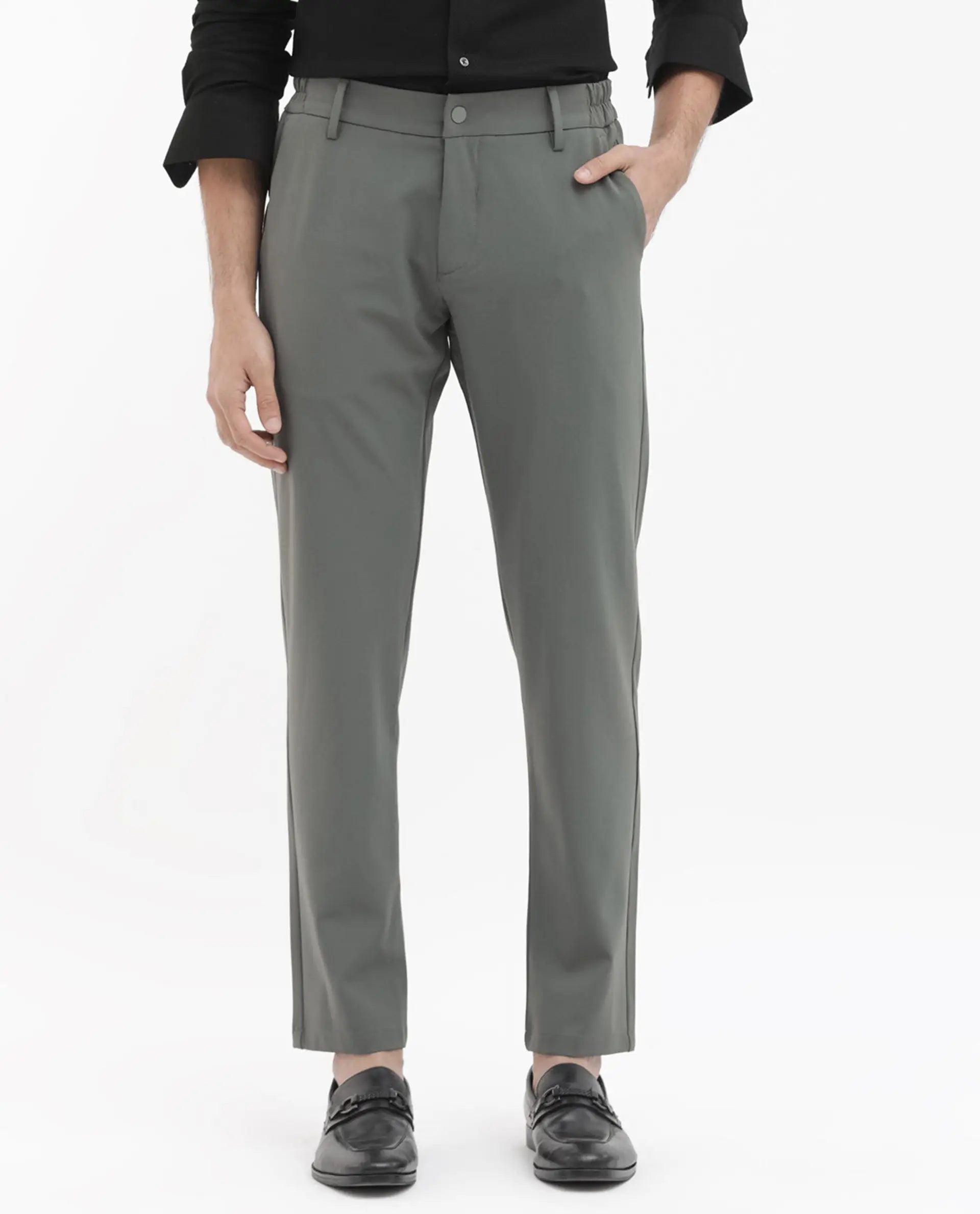 Rare Rabbit Men's Travel-24 Green Poly Viscose Lycra Fabric Blend Solid Trousers