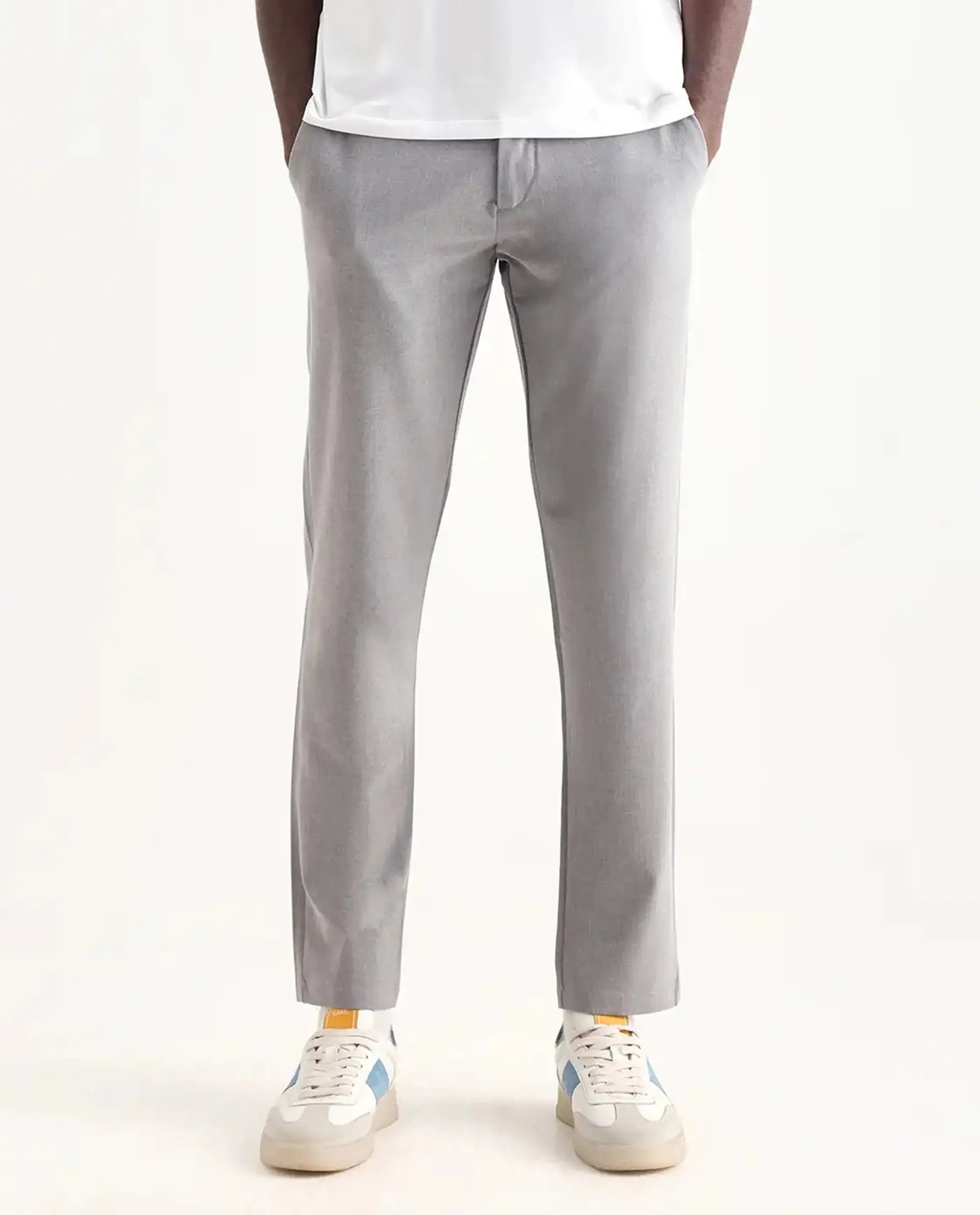 Rare Rabbit Men's Travel-24 Grey Poly Viscose Lycra Fabric Blend Solid Trousers