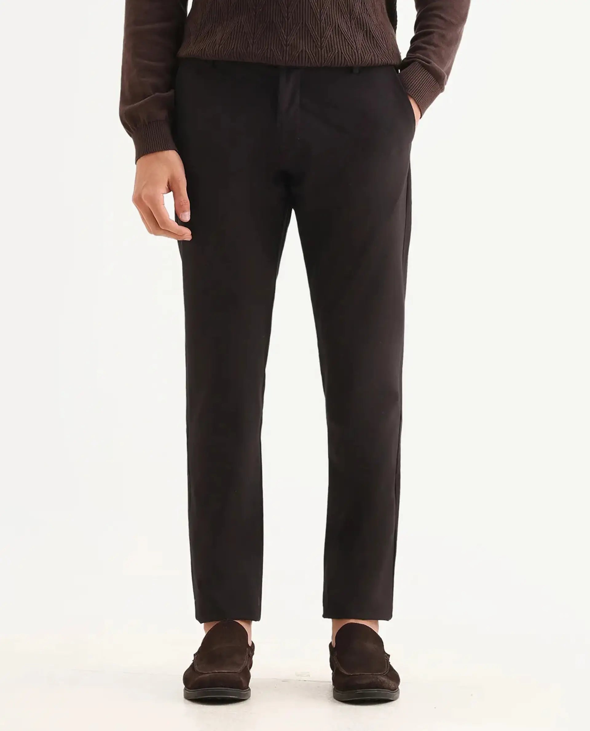 Rare Rabbit Mens Travel-24 Maroon Polyester Viscose Lycra Fabric Mid Rise Regular Fit Solid Trousers