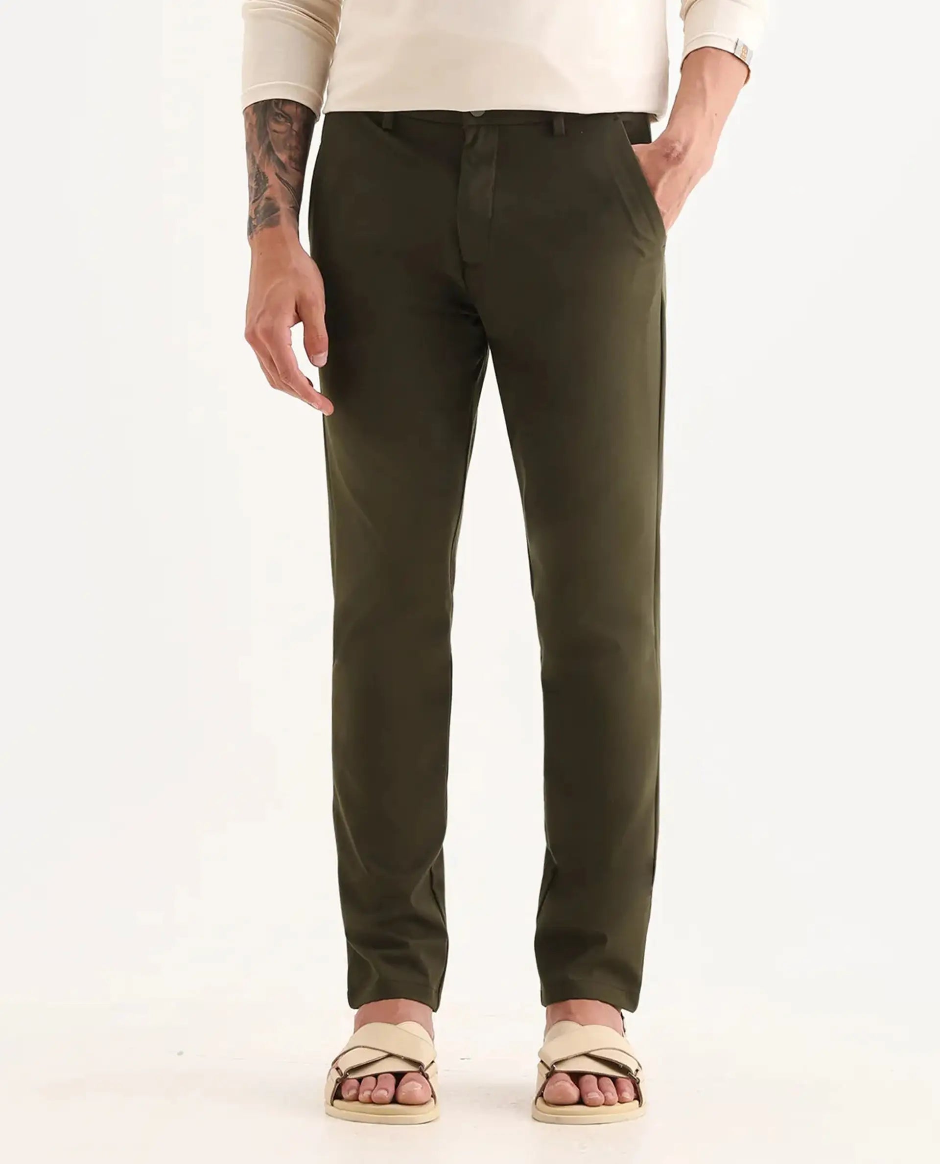 Rare Rabbit Men's Travel-25 Olive Polyester Blend Plain Regular Fit Trouser
