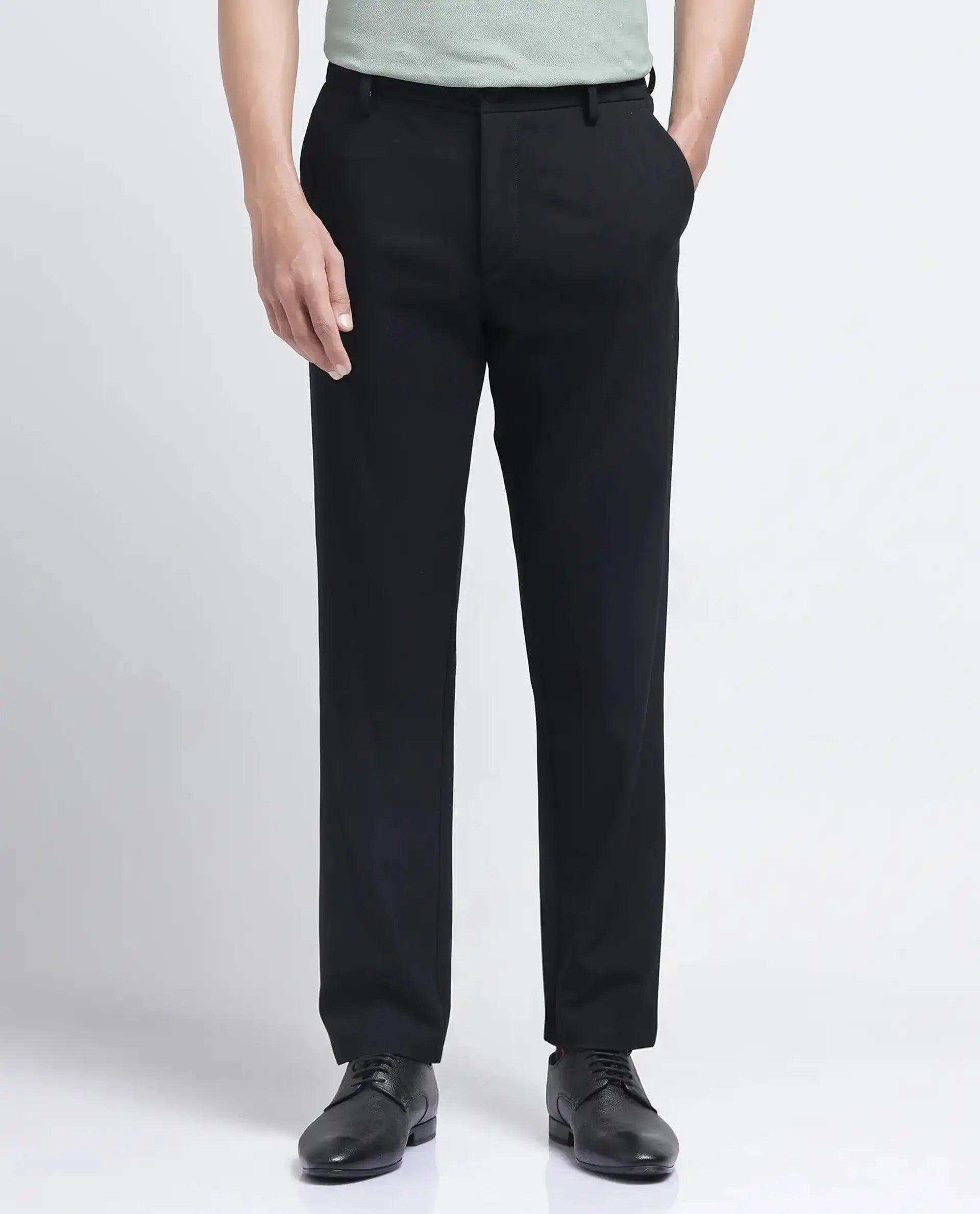 Rare Rabbit Men's Travel-26R Black Polyester Blend Plain Regular Fit Trouser