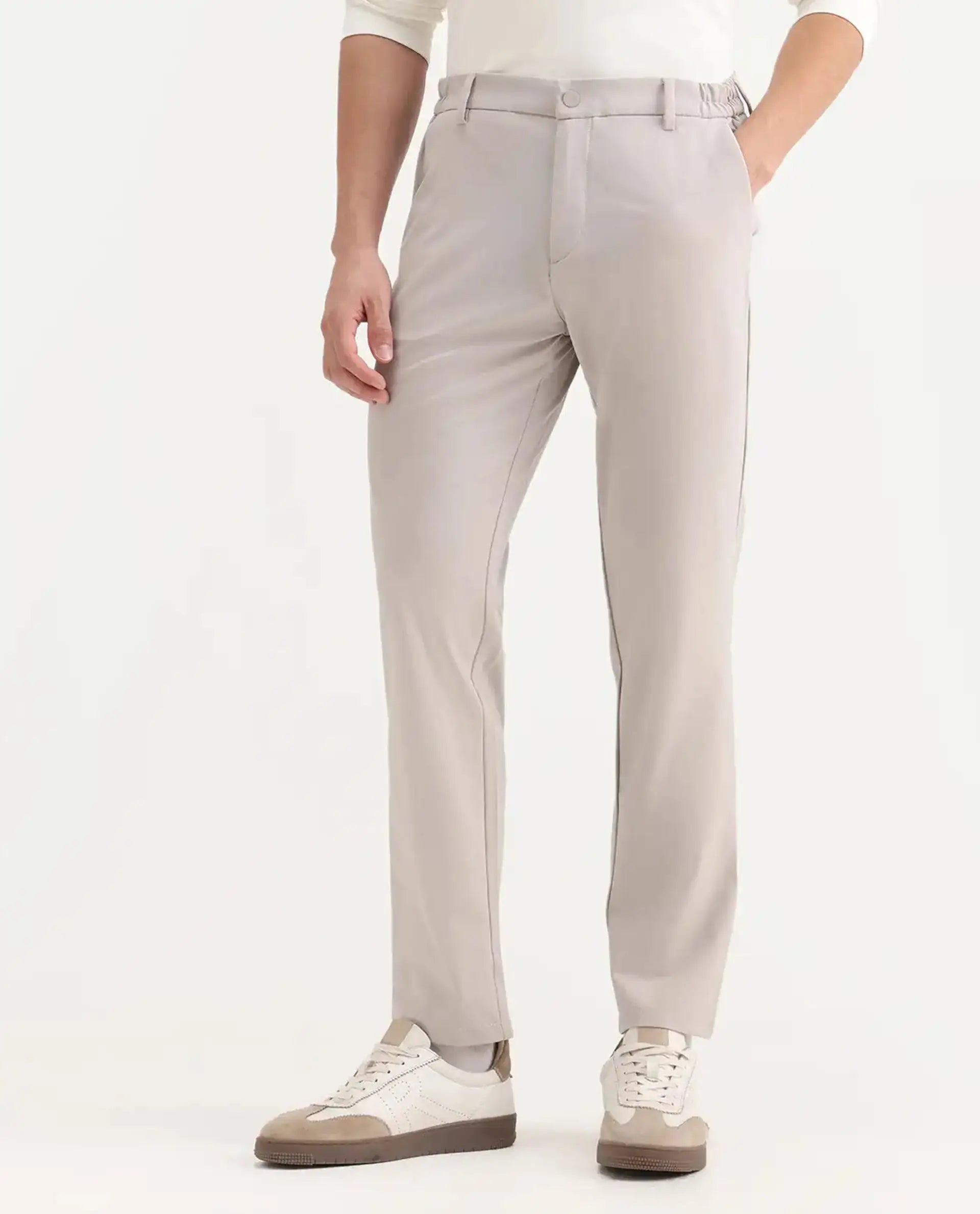 Rare Rabbit Men's Travel-26R Light Beige Polyester Blend Plain Regular Fit Trouser