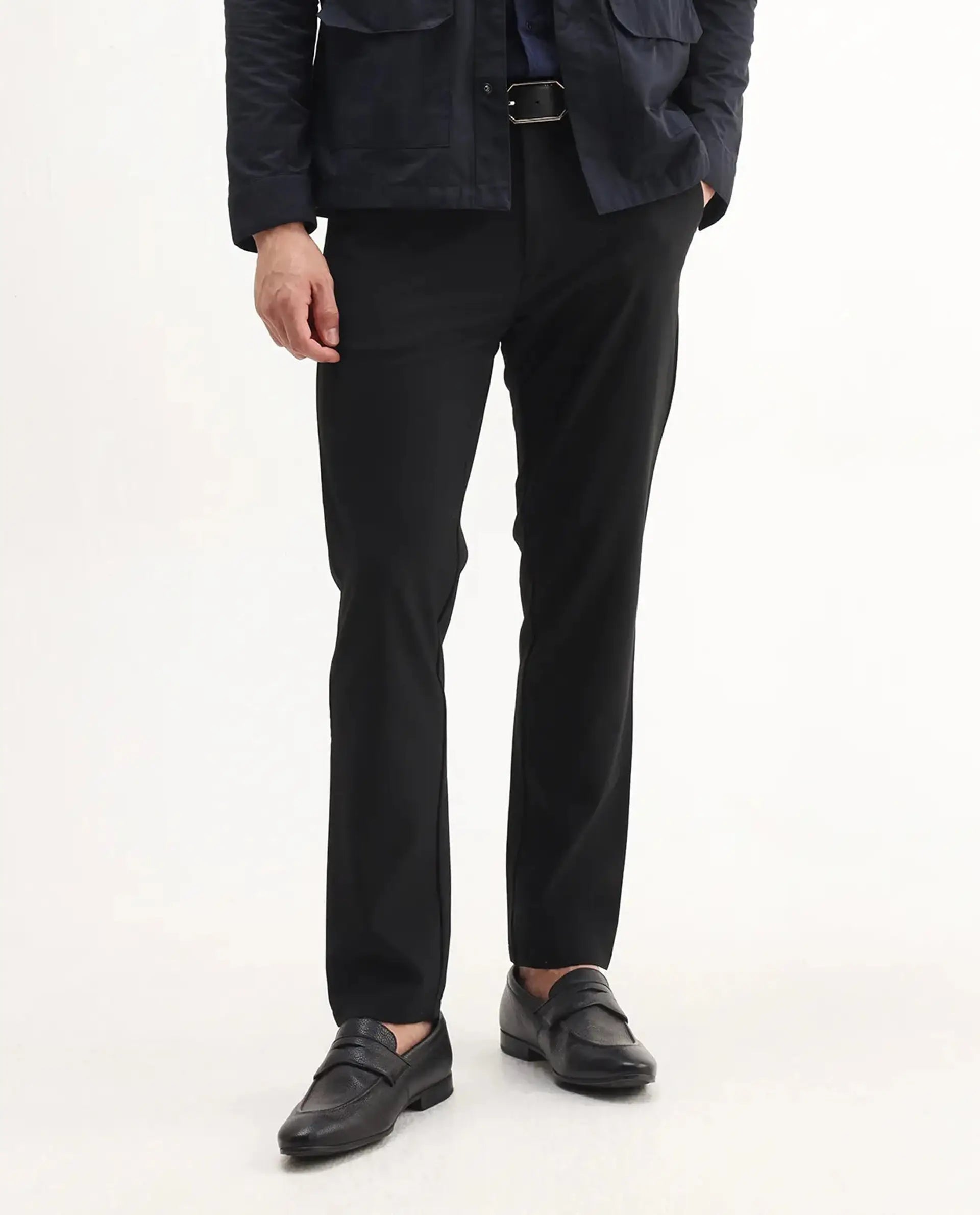 Rare Rabbit Men's Travel-Aw25 Black Polyester Fabric Button And Zip Closure Closure Plain Trouser