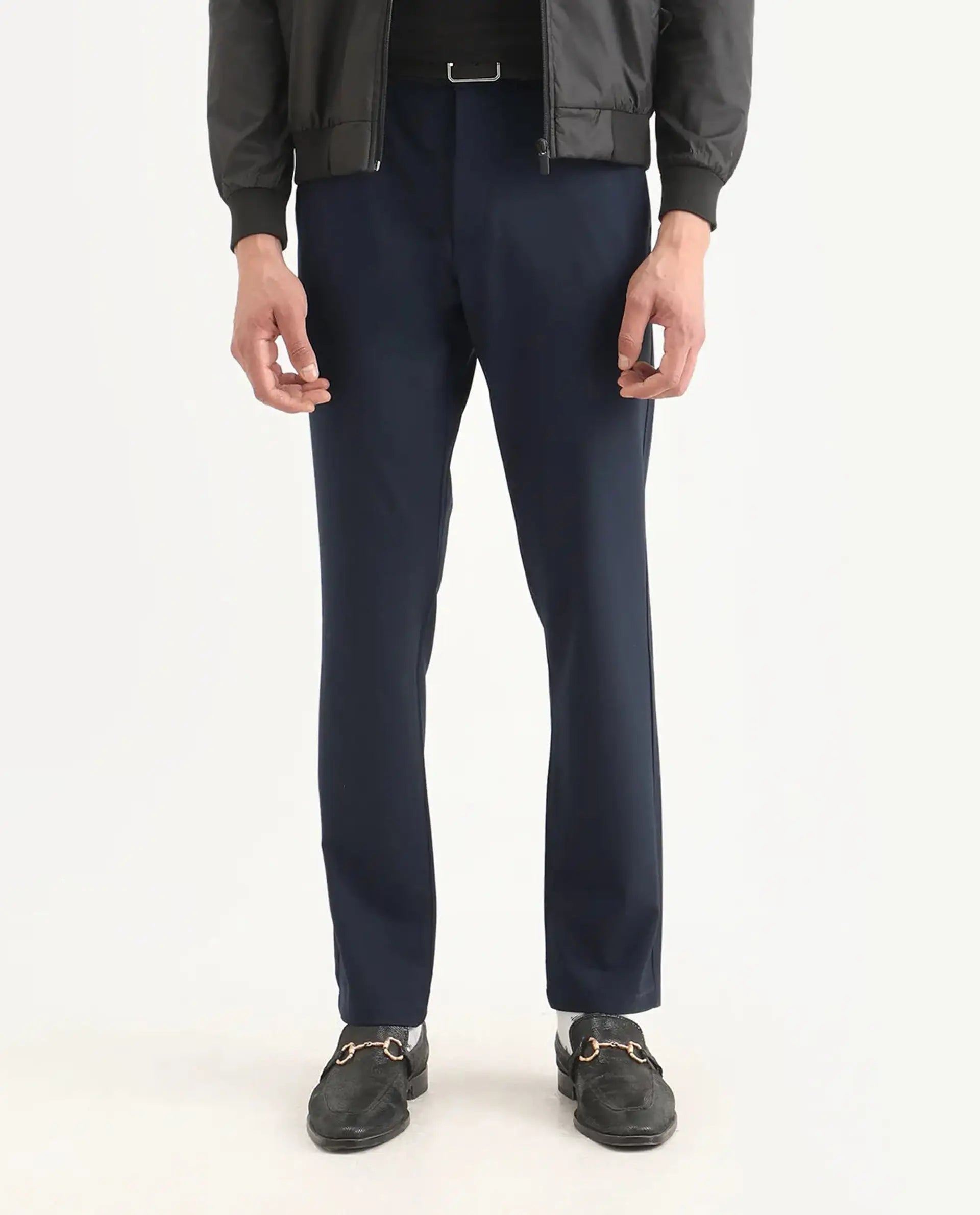 Rare Rabbit Men's Travel-Ss26 Navy Polyester Fabric Button And Zip Closure Closure Plain Trouser