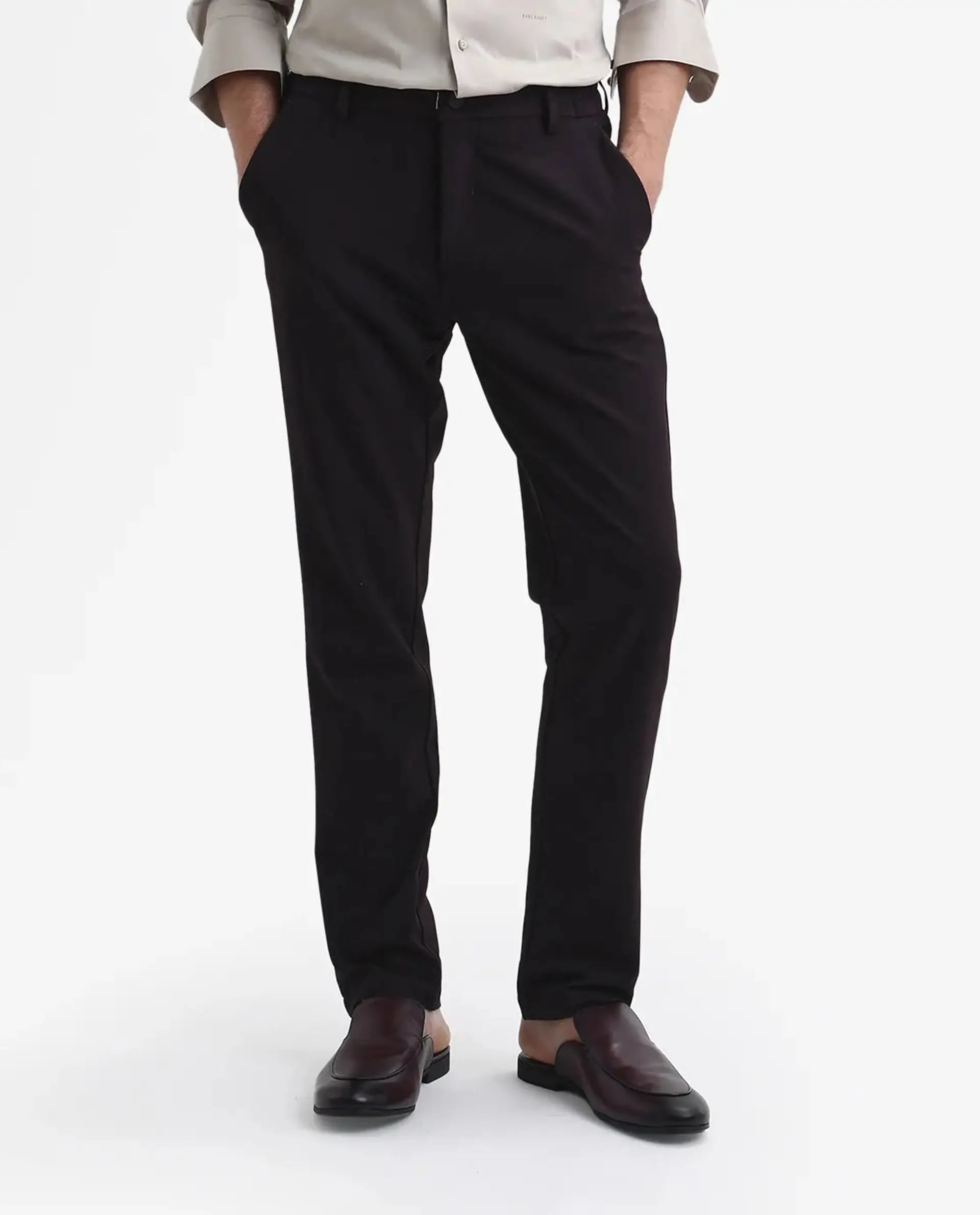 Rare Rabbit Men's Travel-Stk Maroon Polyester Blend Plain Regular Fit Trouser