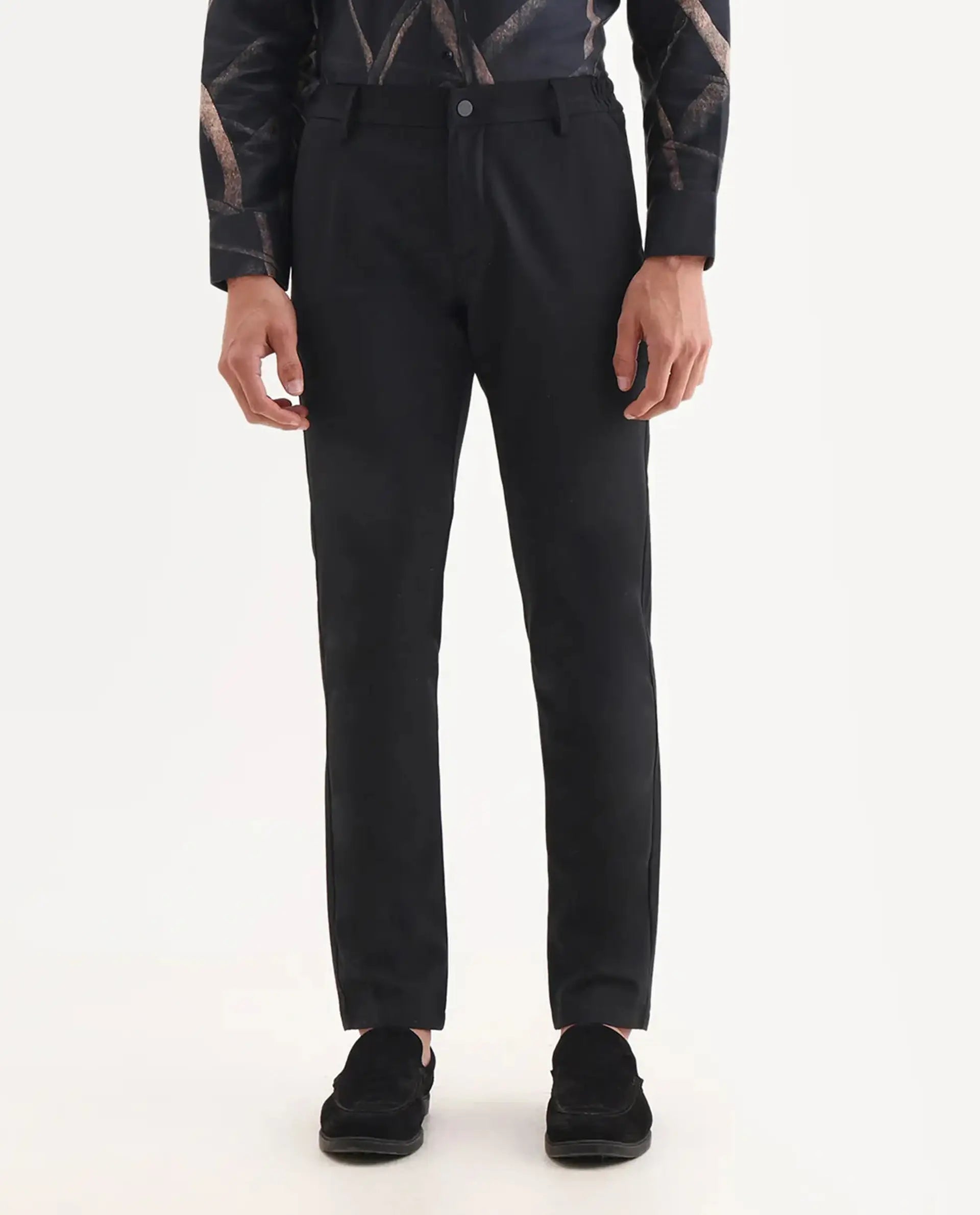 Rare Rabbit Men's Traveller Black Solid Mid-Rise Regular Fit Trouser