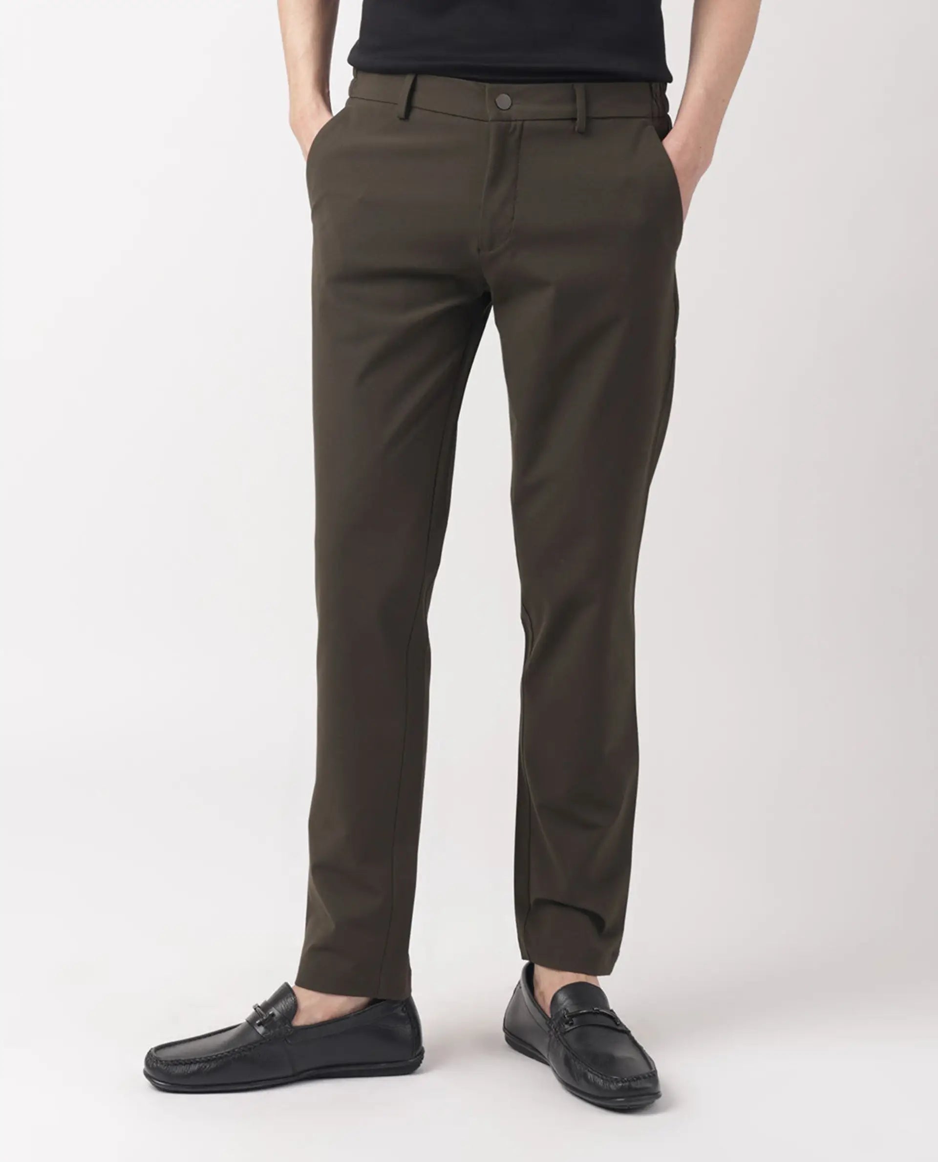 Rare Rabbit Men's Travellers Dark Olive Solid Mid-Rise Regular Fit Trouser