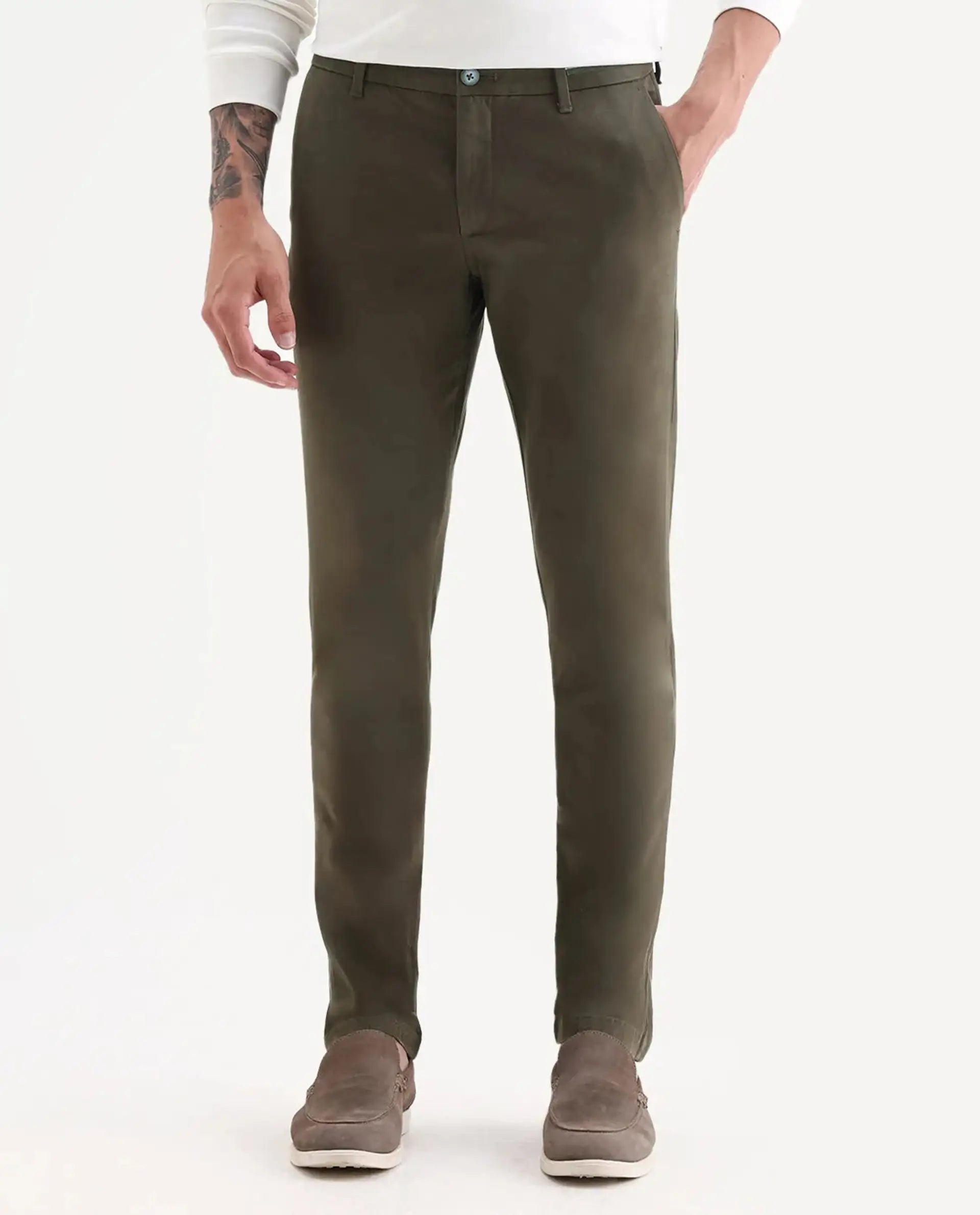 Rare Rabbit Men's Trellis Olive Cotton Plain Regular Fit Trouser