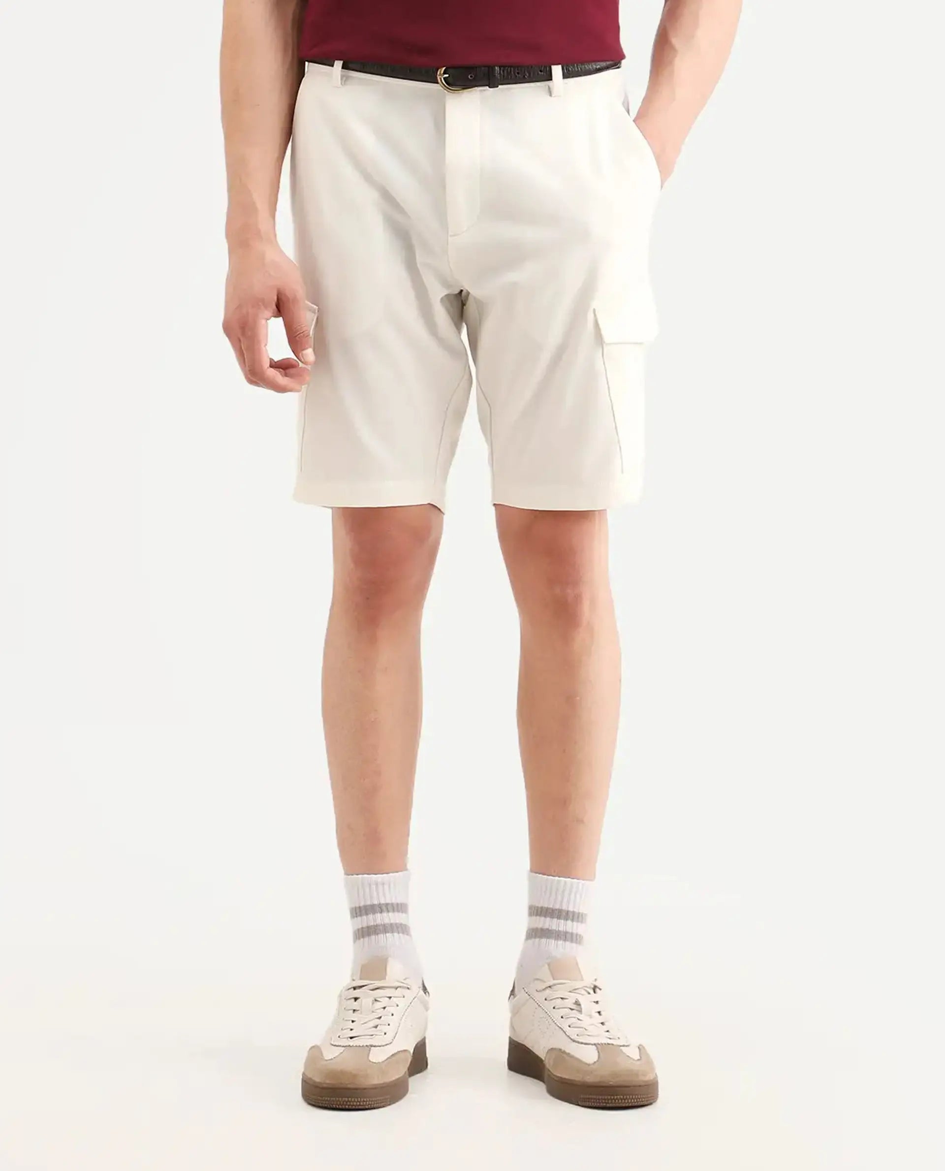 Rare Rabbit Men's Tripco-Ss26 White Polyester Blend Fabric Relaxed Fit Plain Shorts