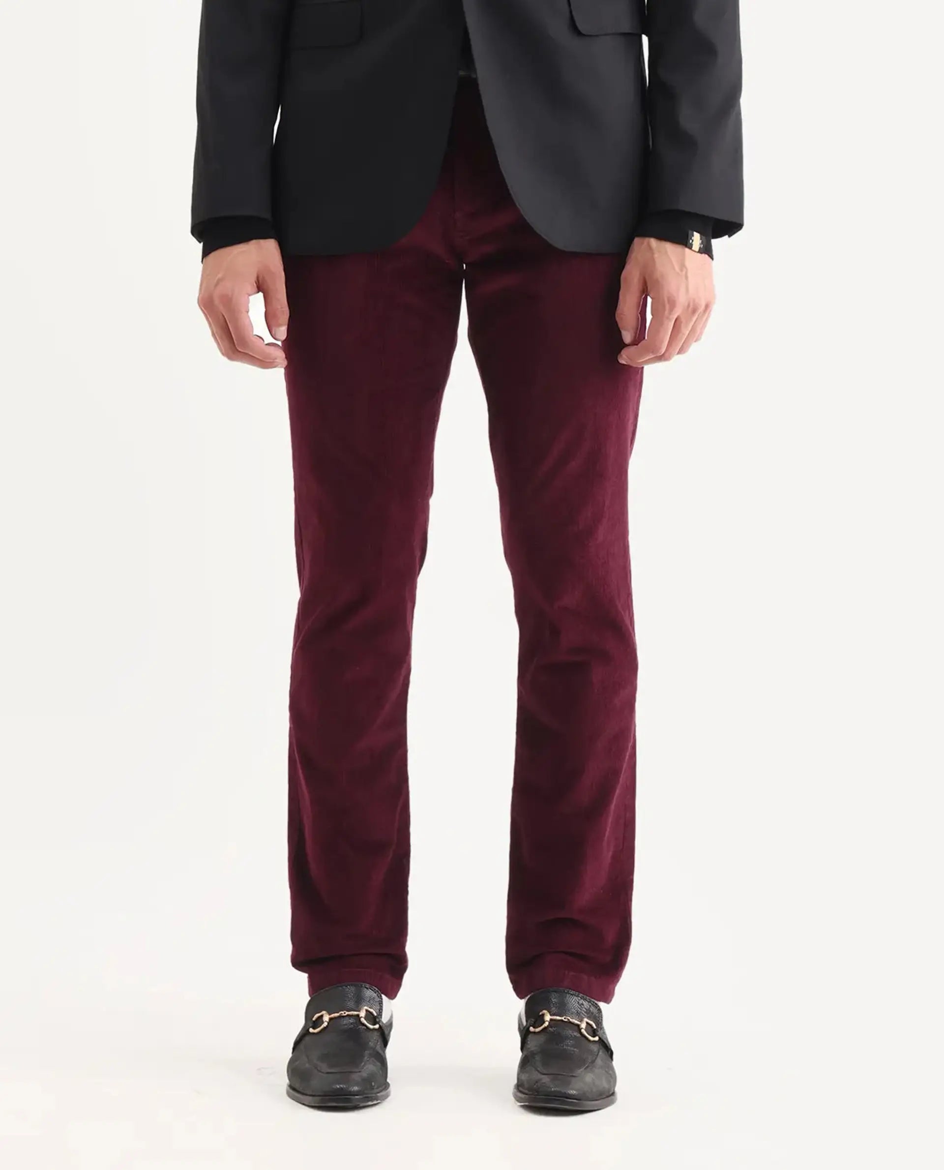 Rare Rabbit Men's Upton Maroon Cotton Plain Regular Fit Trouser