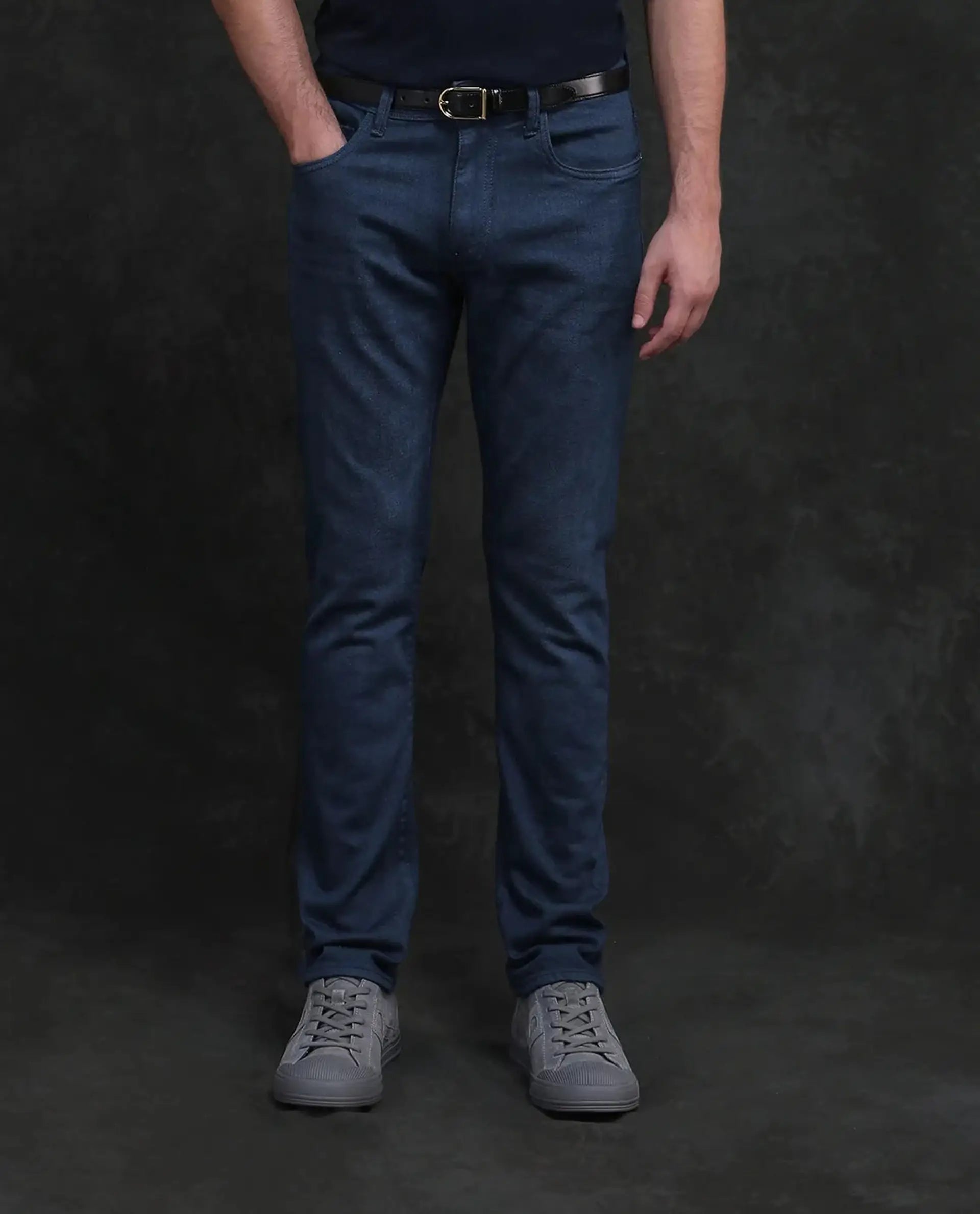Rare Rabbit Men Vlad-G Dark Blue Cotton Blend Fabric Button Closure Slim Fit Plain Jeans