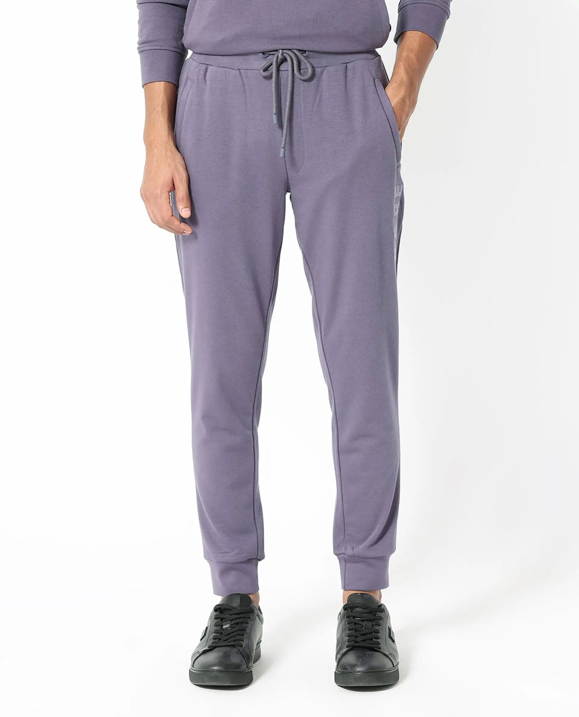 Rare Rabbit Men's Yazu Purple Cotton Embroidered Regular Fit Track Pant