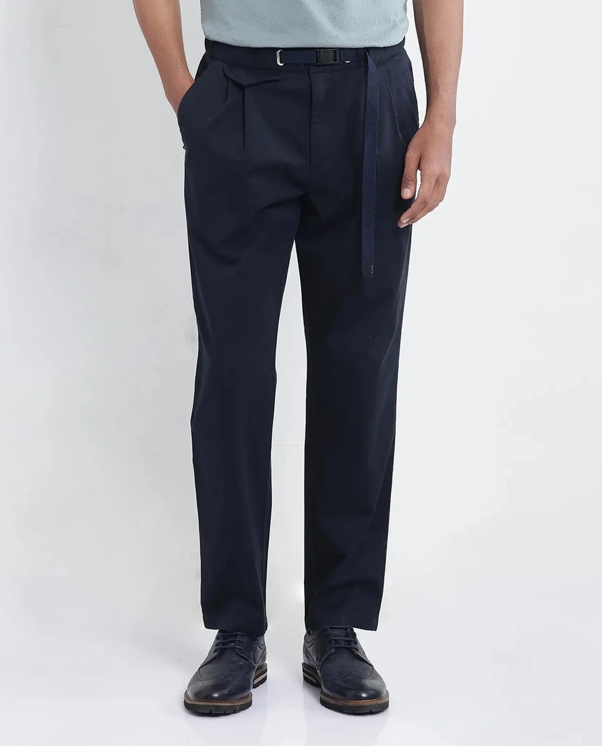 Rare Rabbit Men's Yocko Navy Cotton Blend Plain Baggy Fit Trouser
