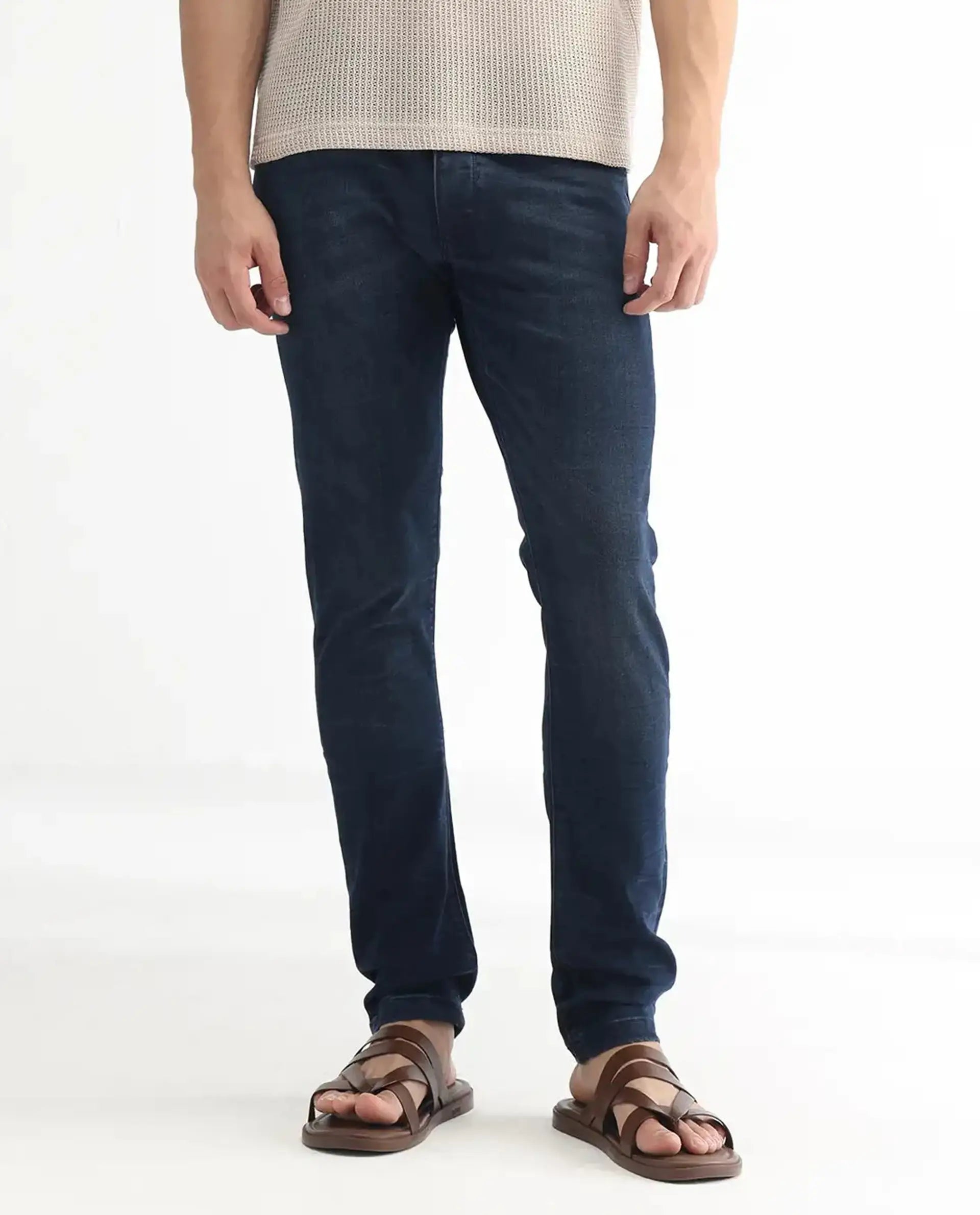 Rare Rabbit Men's Yoshi Dark Blue Cotton Plain Hawk Slim Fit Jeans