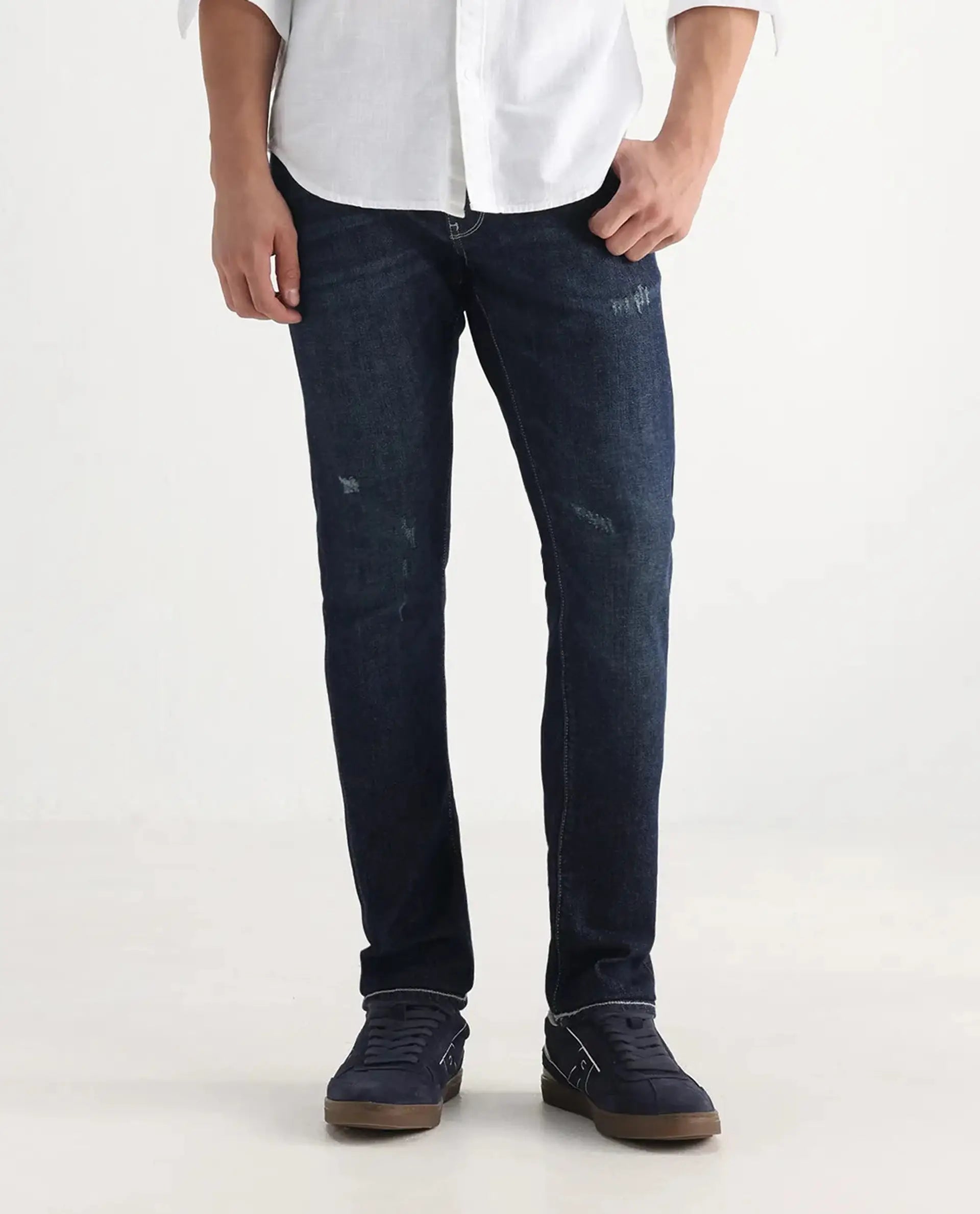 Rare Rabbit Men's Yuri Dark Blue Cotton Plain Hawk Slim Fit Jeans