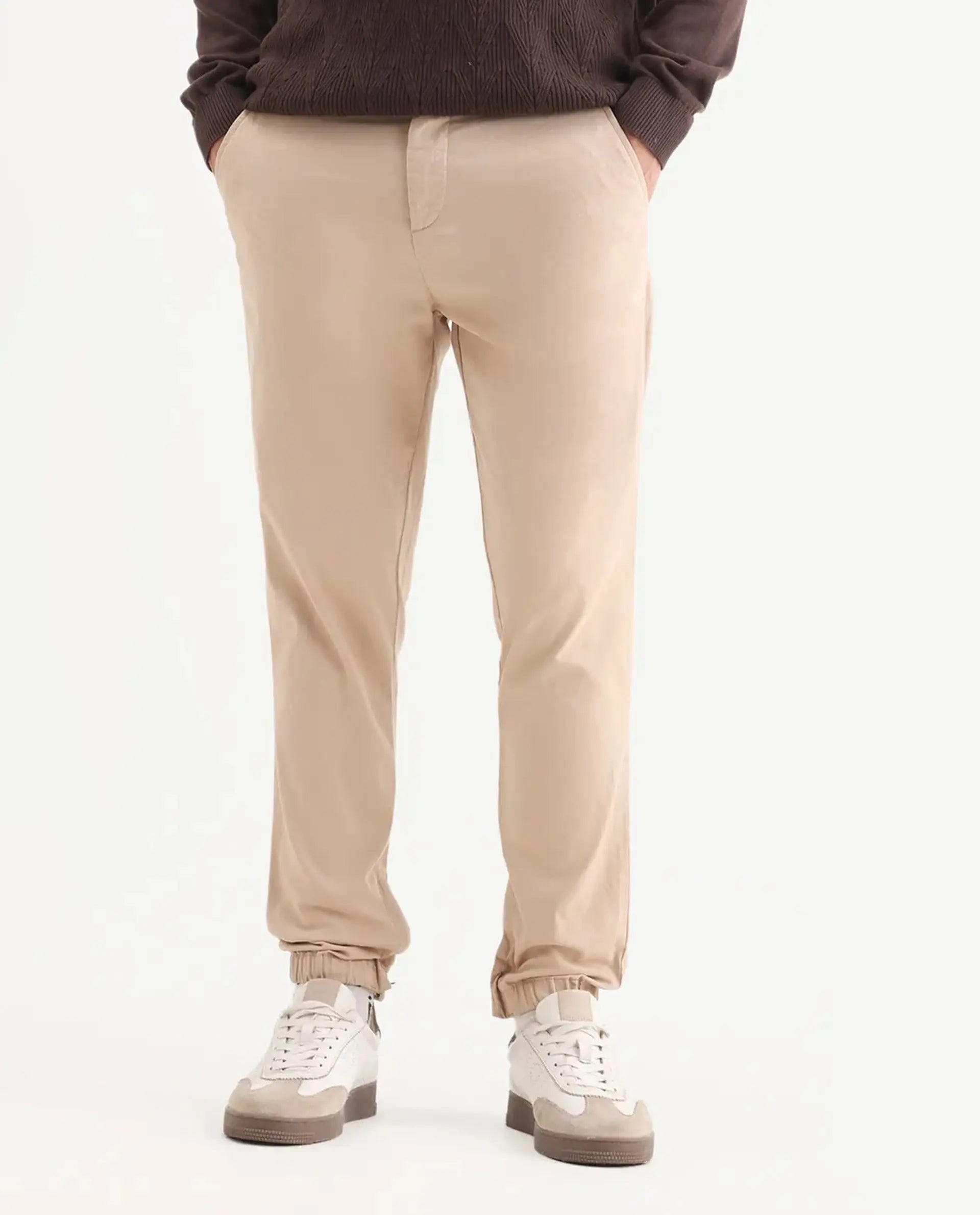 Rare Rabbit Men's Zade Khaki Cotton Blend Plain Regular Fit Trouser