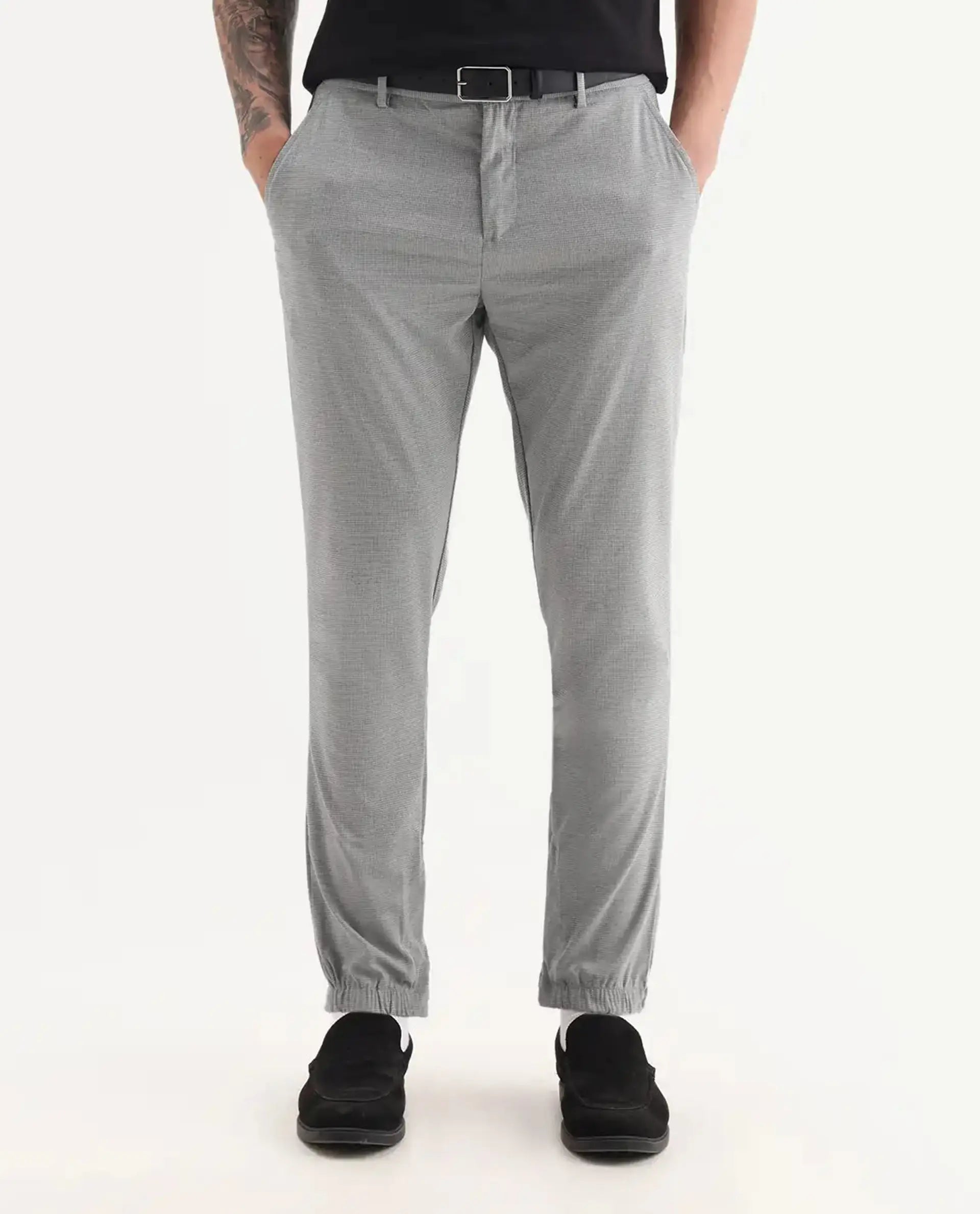 Rare Rabbit Men's Guild Casual Zader Grey Polyester Checked Print Regular Fit Trouser