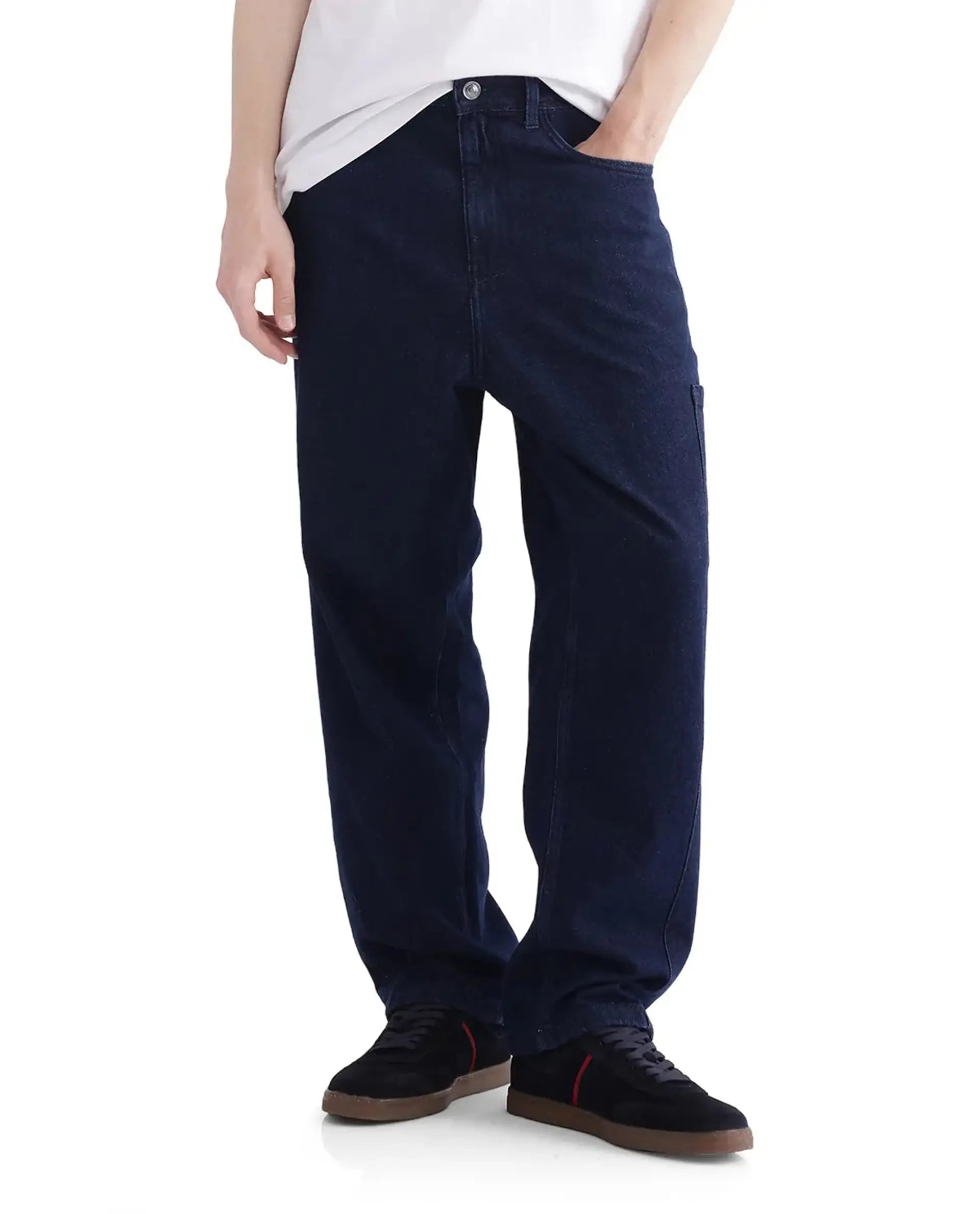 Rare Rabbit Men's Zedet Blue Cotton Plain Baggy Fit Jeans