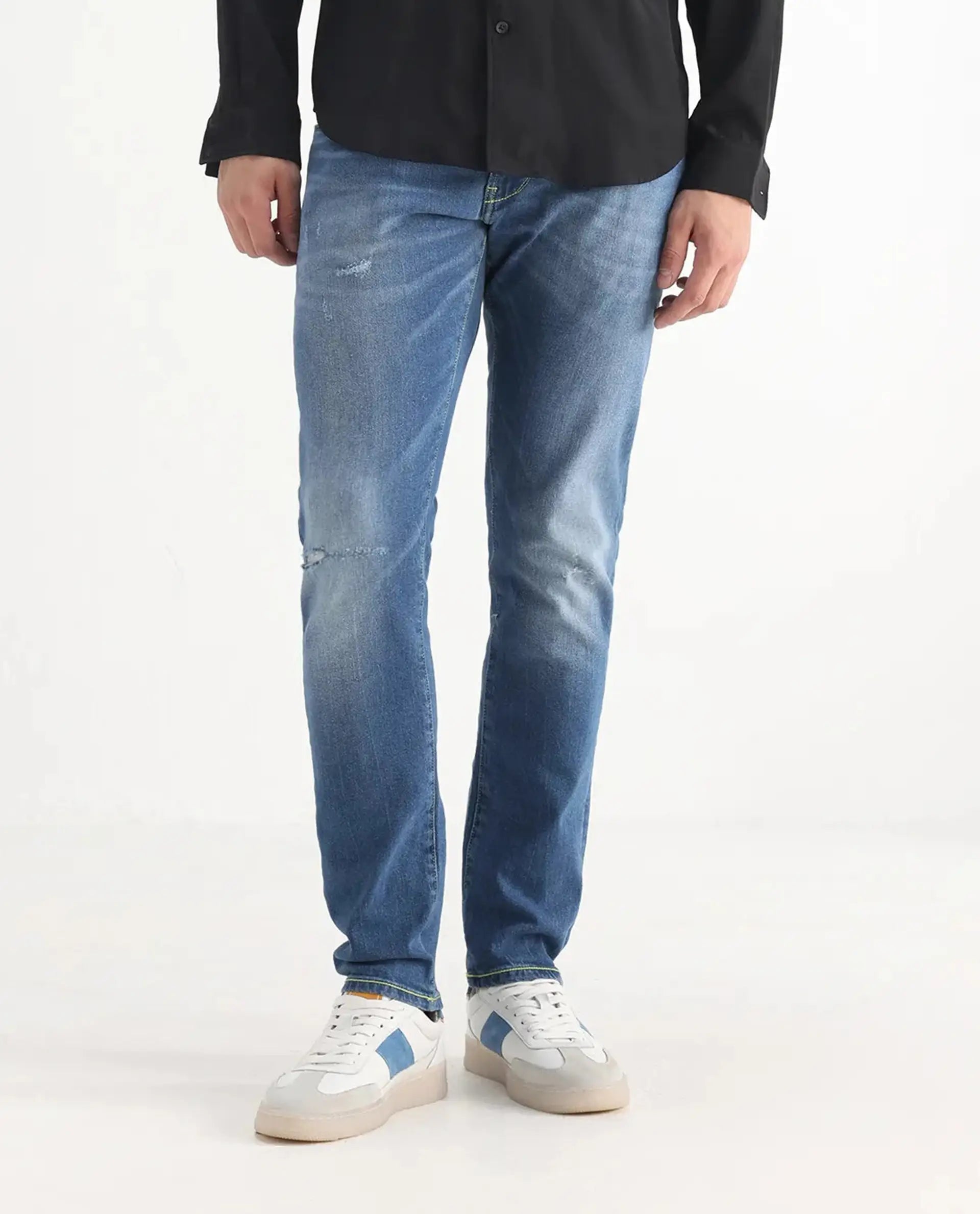 Rare Rabbit Men's Zinon Blue Cotton Blend Plain Hawk Slim Fit Jeans