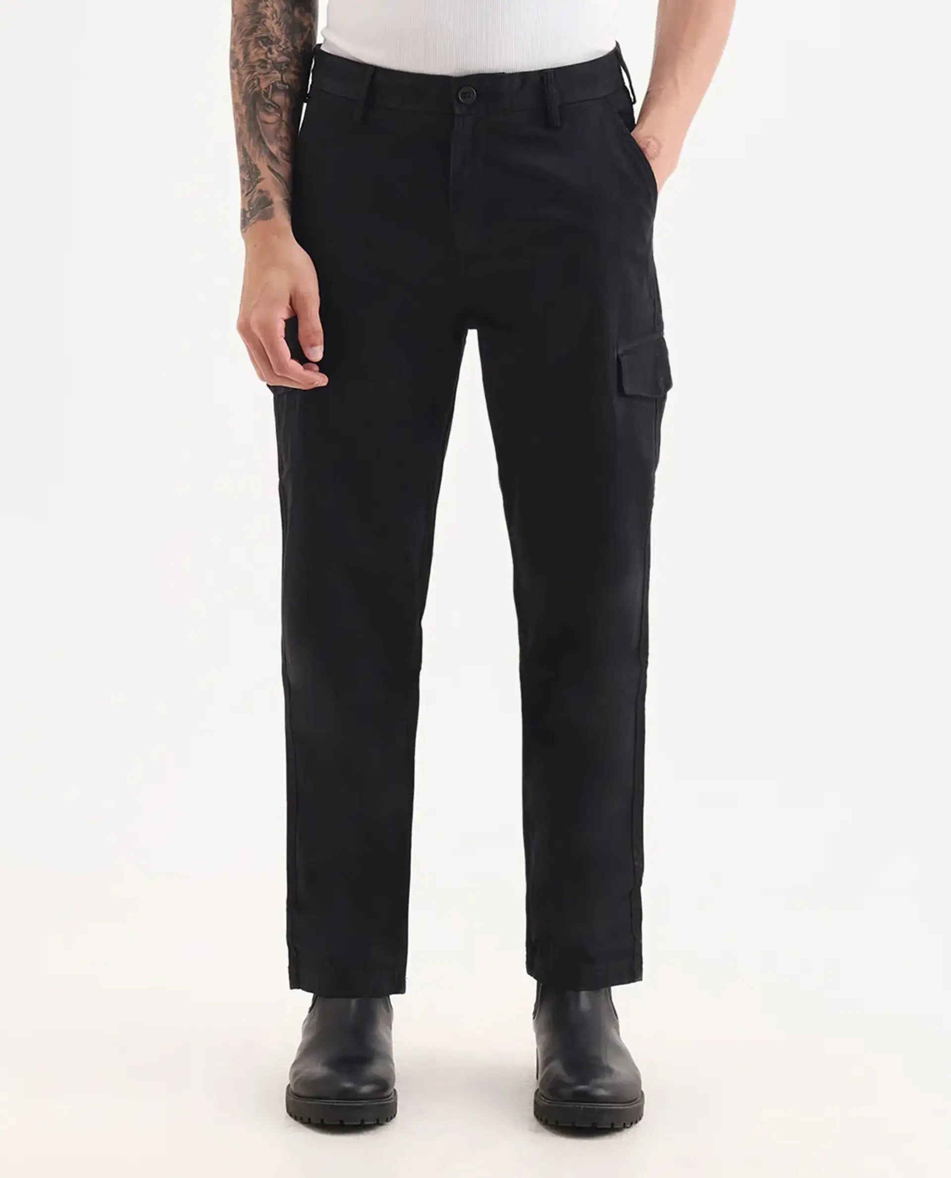 Rare Rabbit Men's Zipo Black Cotton Plain Regular Fit Trouser