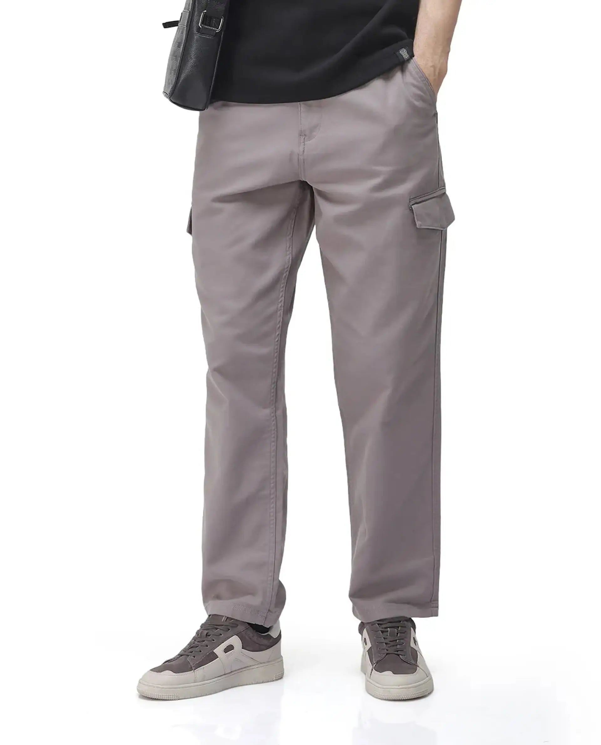 Rare Rabbit Men's Zipo Dark Grey Cotton Plain Regular Fit Trouser