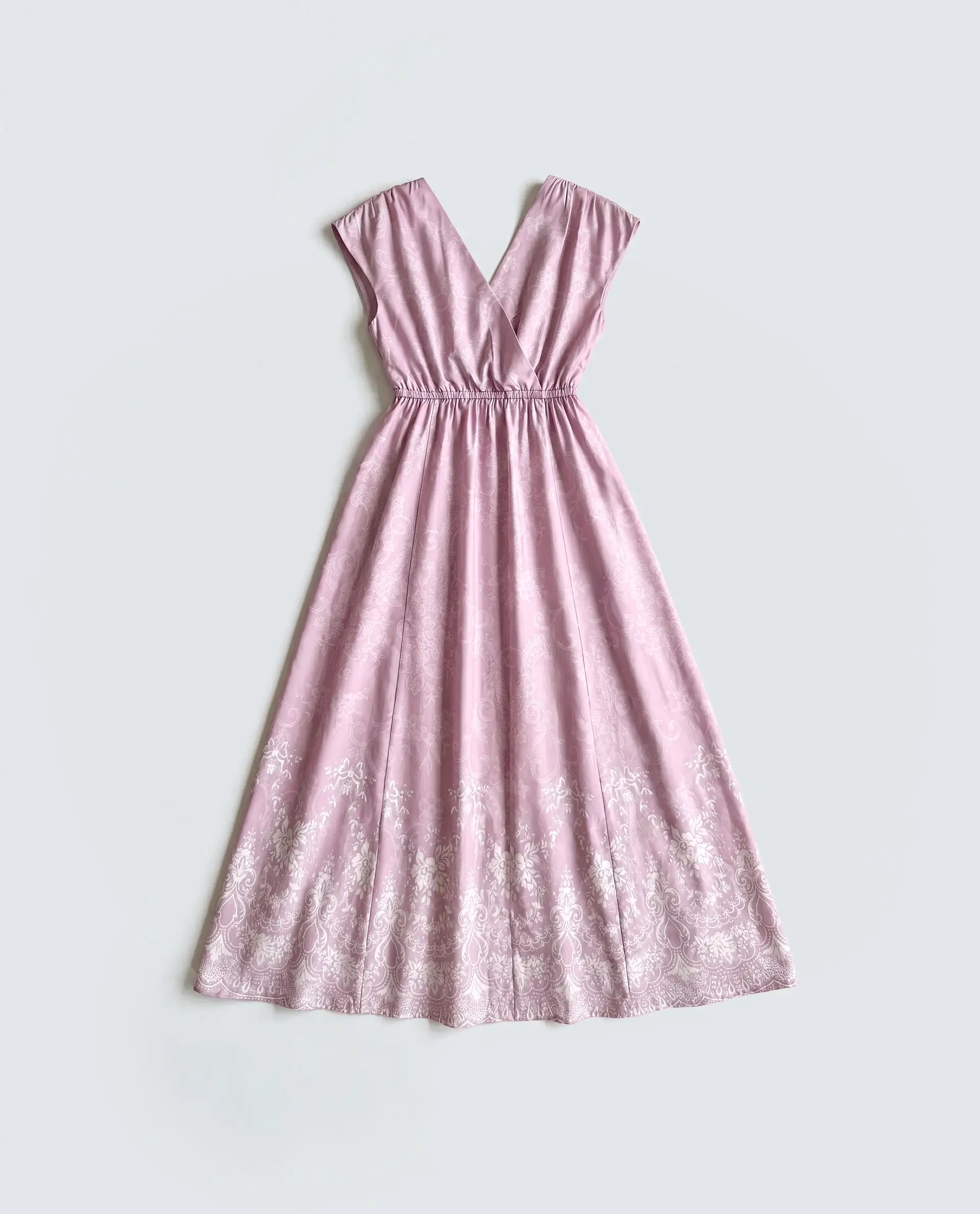Rareism Women's Hync Pink Cotton Satin Half Sleeve V-Neck Elastic Fit And Flare Ornamental Print Dress