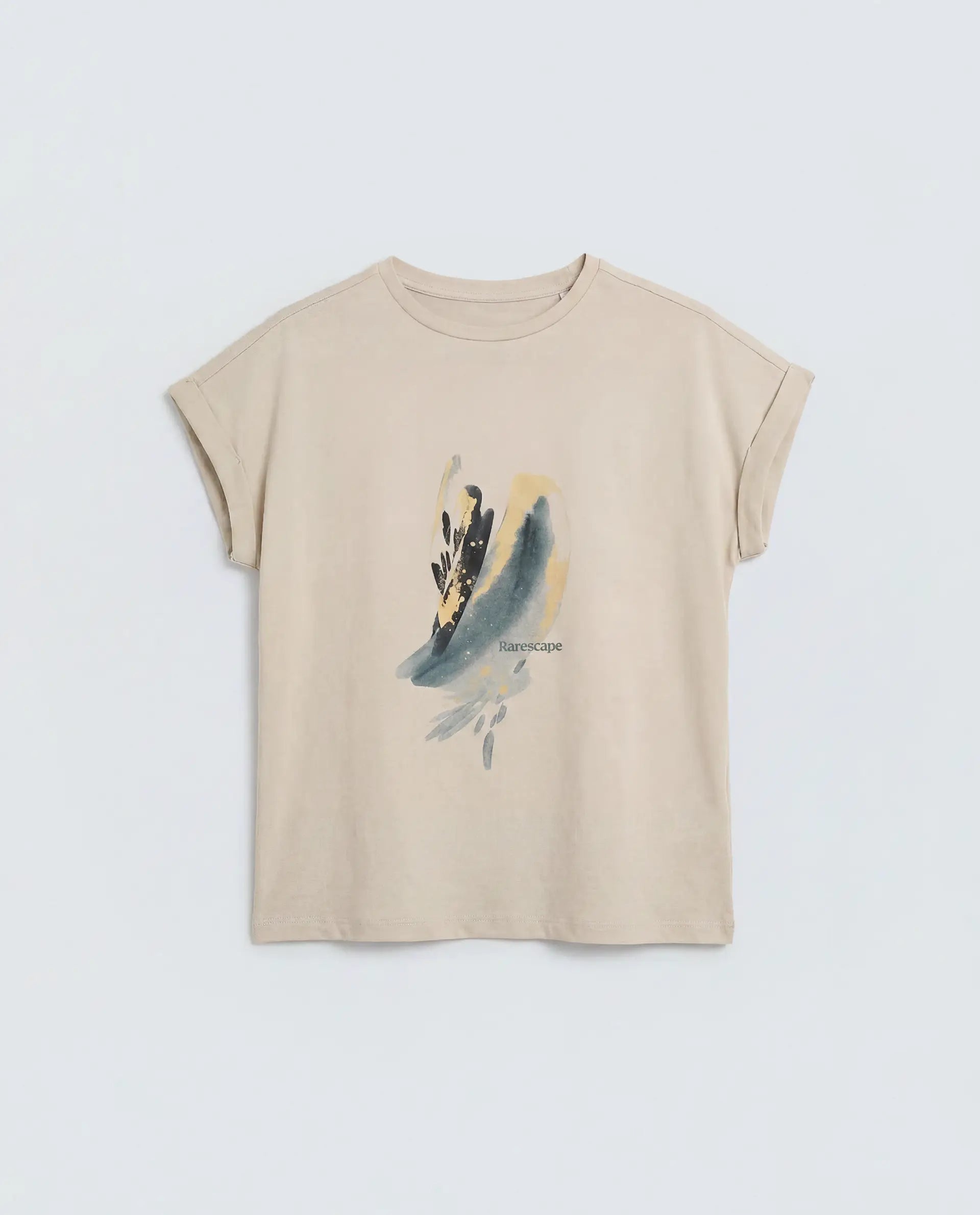 Rareism Women's Jango-S26 Beige Cotton Half Sleeve Regular Fit Graphic Print T-Shirt