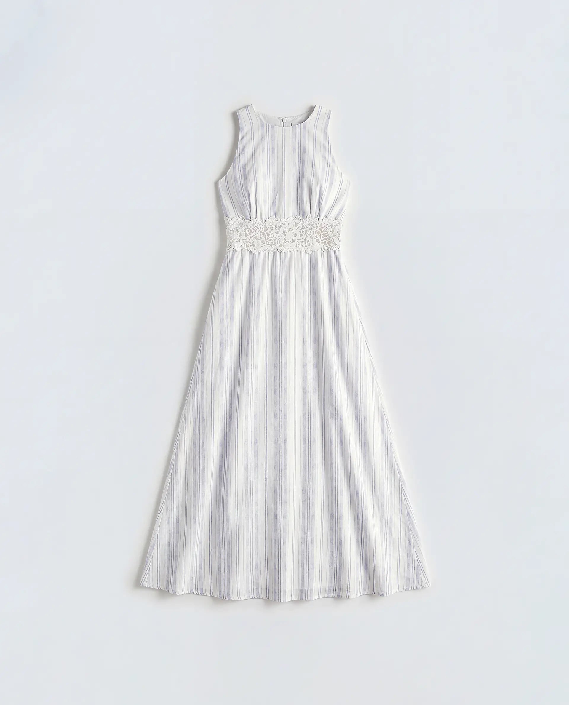 Rareism Women's Kavi Light Blue Cotton Crew Neck Fit And Flare Striped Dress