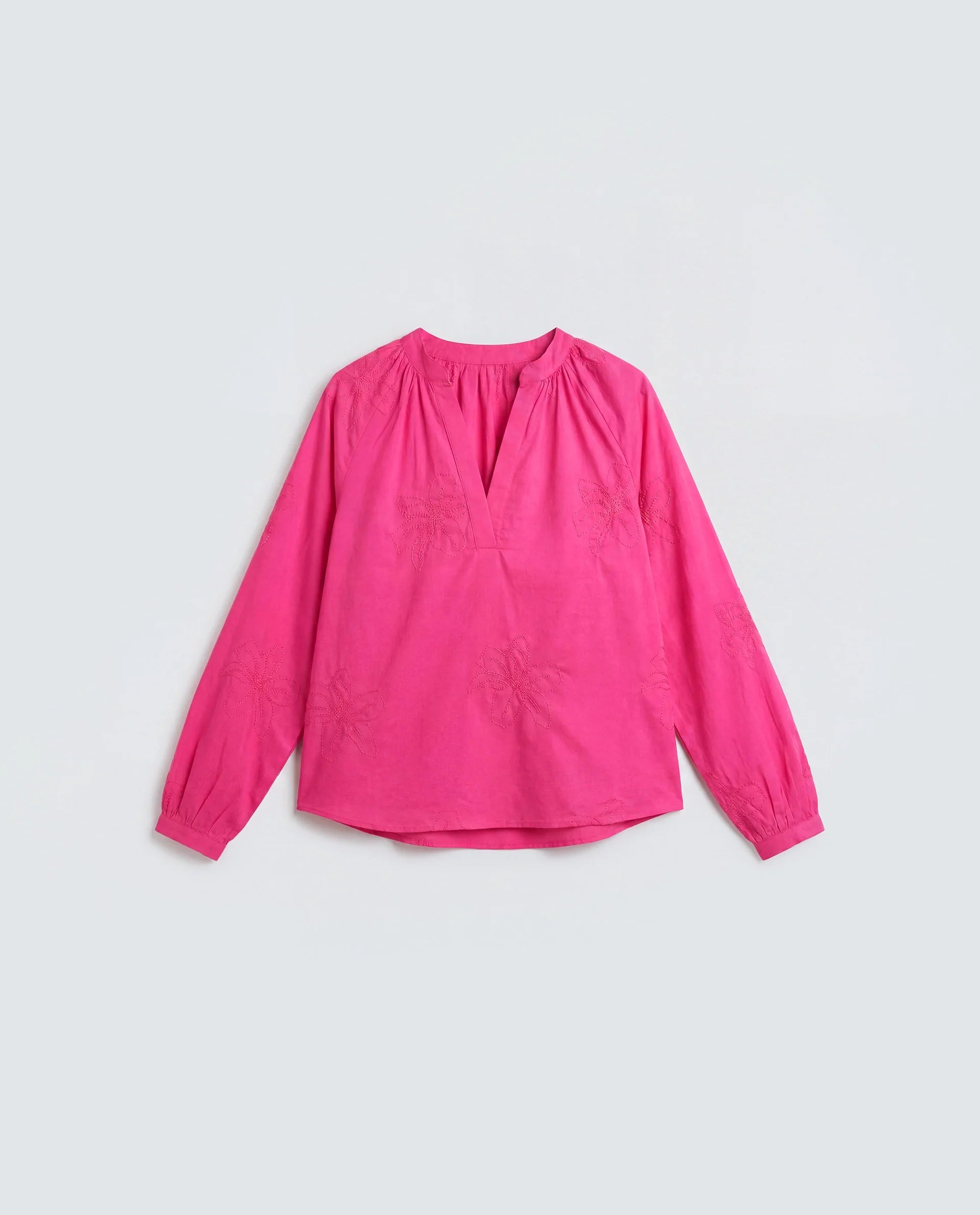 Rareism Women's Mabzi Pink Cotton Blend Full Sleeve Mandarin Collar Regular Embroidered Top