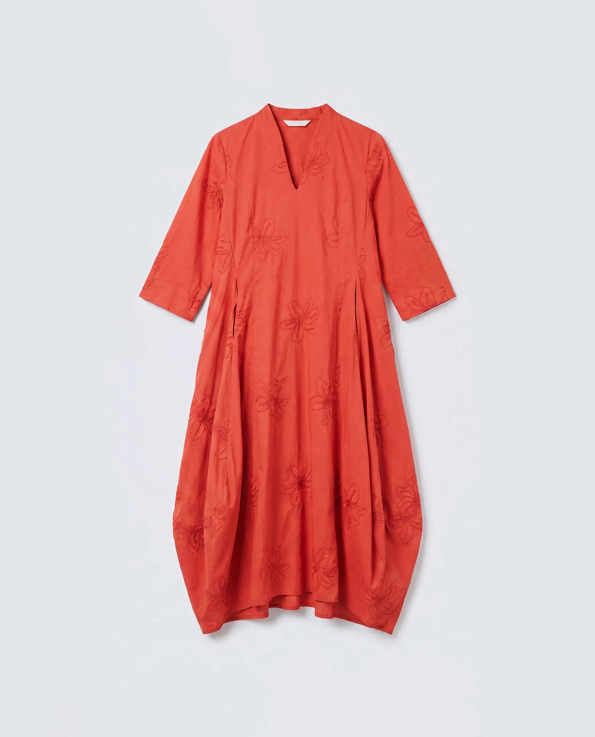 Rareism Women's Marky Rust Cotton 3/4Th Sleeve V-Neck Relaxed Embroidered Dress