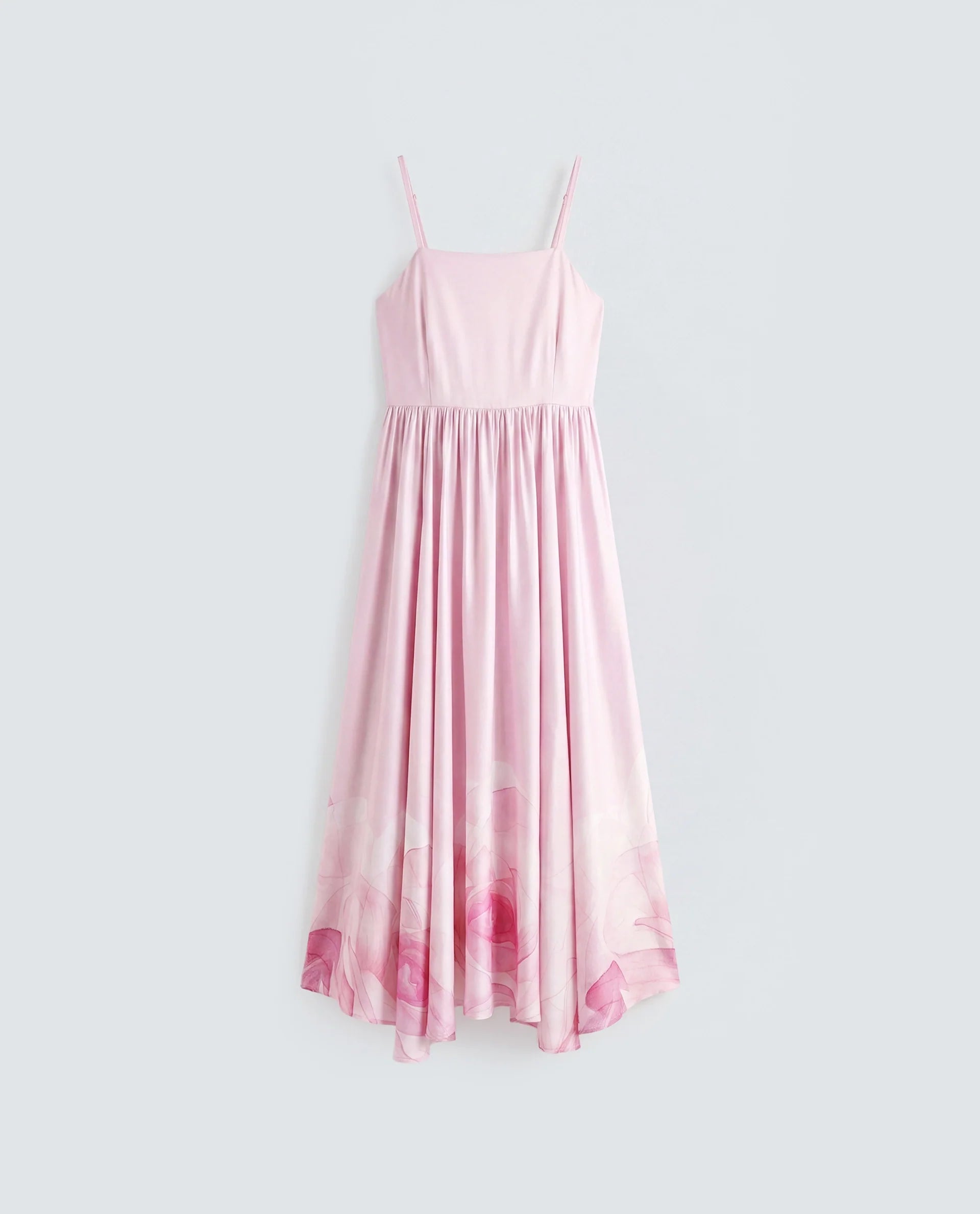 Rareism Women's Mezozo Light Pink Cotton Satin Sleeveless Square Neck Fit And Flare Floral Print Dress
