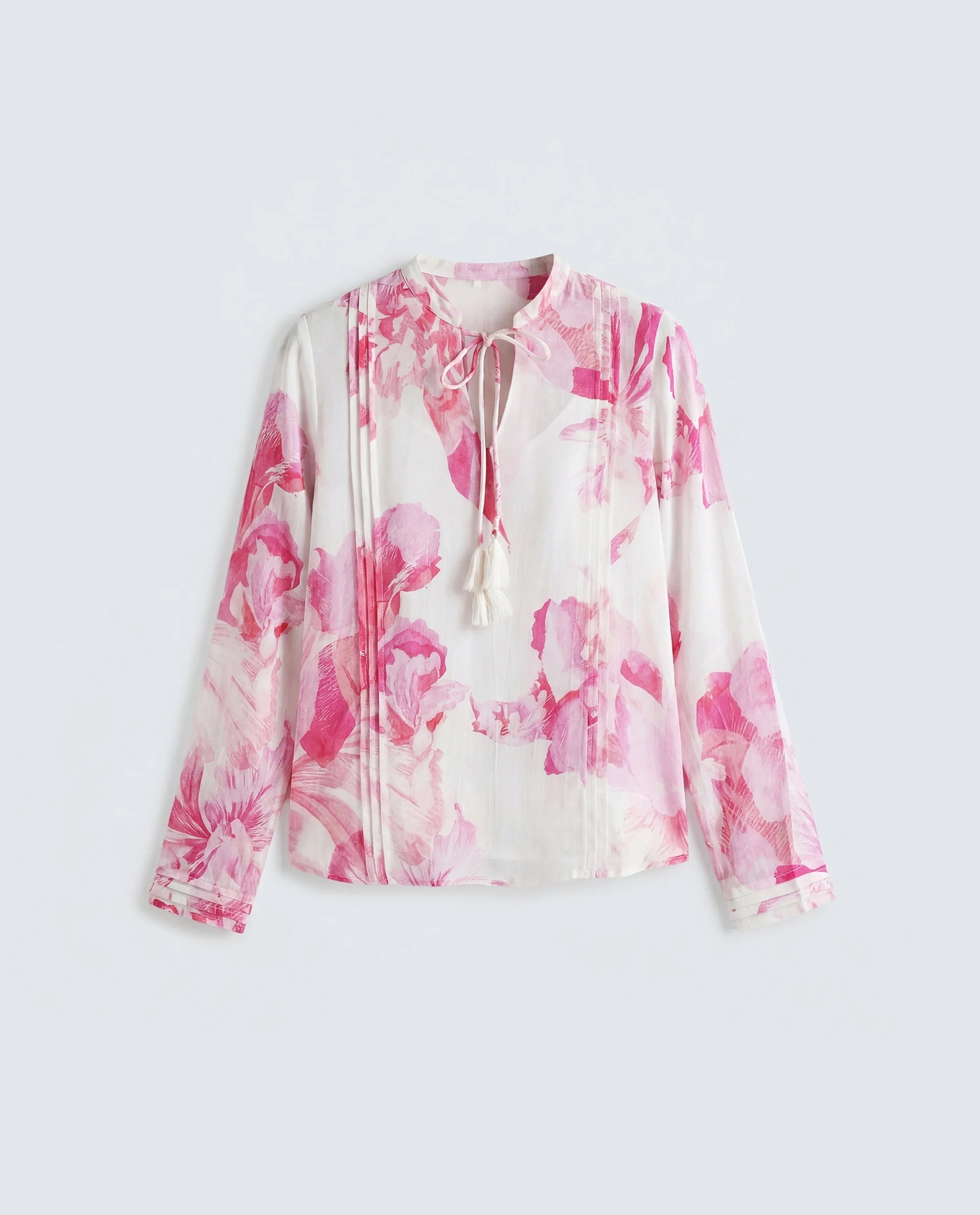 Rareism Women's Mijok Off White Viscose Full Sleeve Tie-Up Regular Floral Print Top