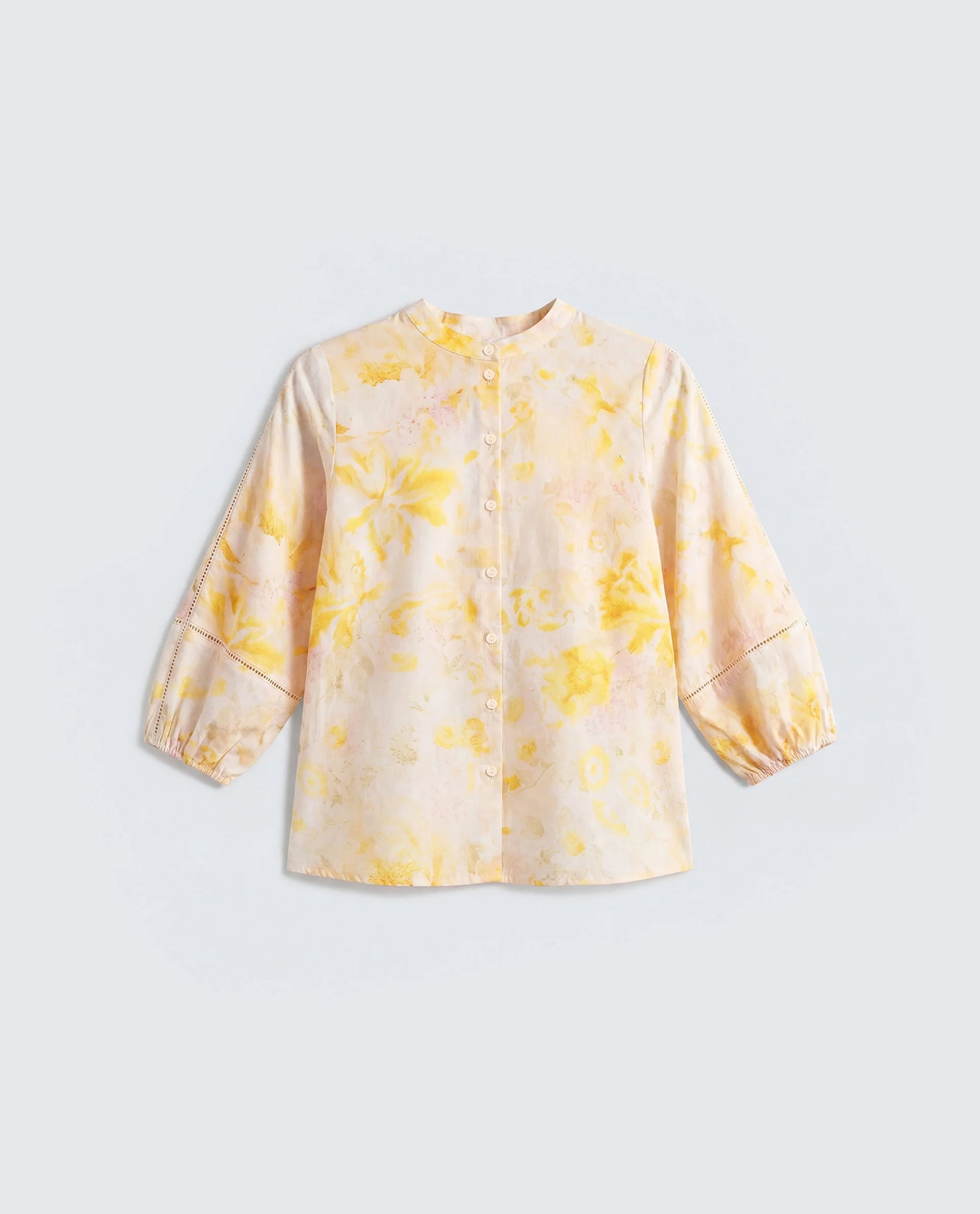Rareism Women's Runes Yellow Cotton Band Collar Regular Floral Print Top
