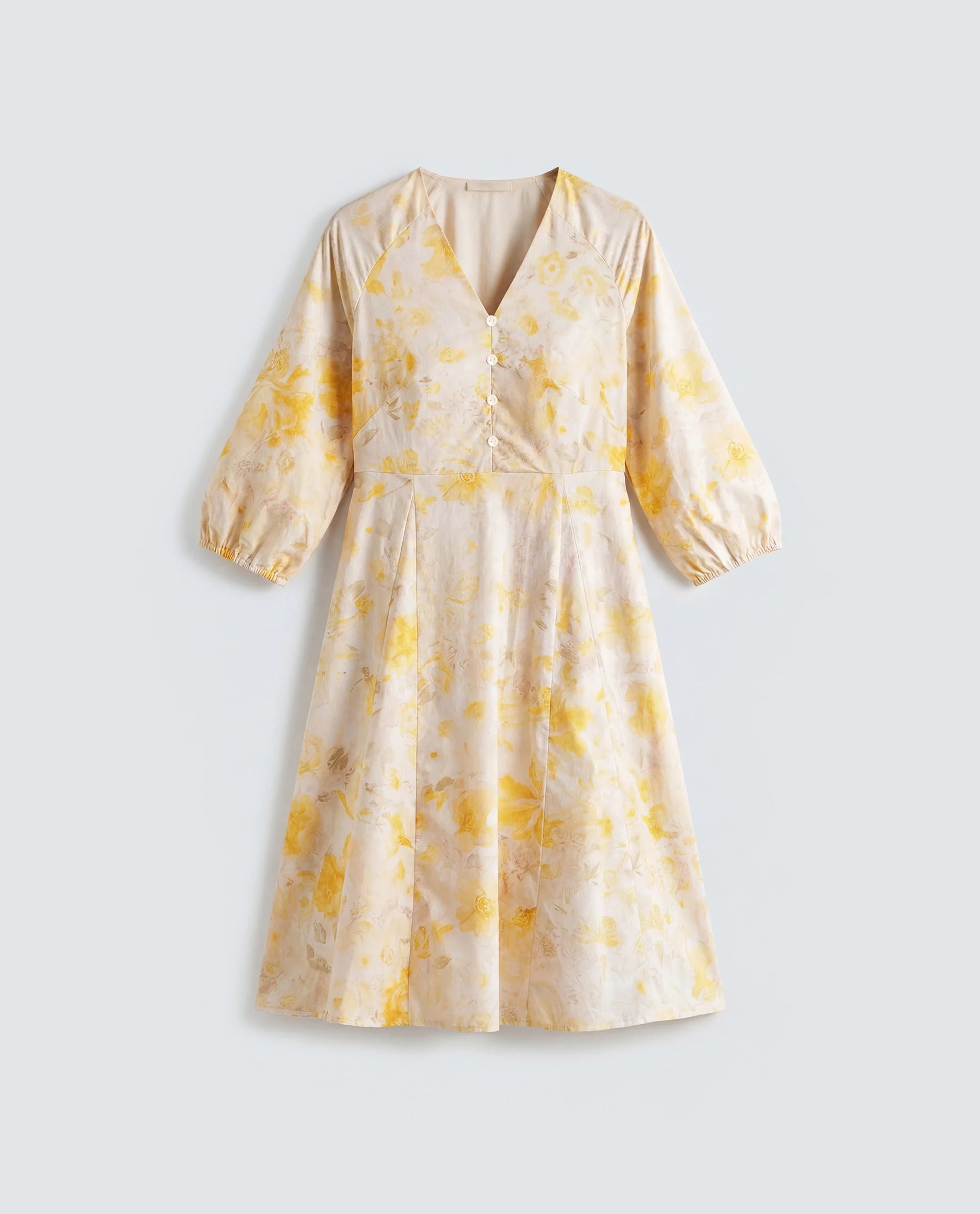 Rareism Women's Runet Yellow Cotton Fabric V-Neck Fit And Flare Floral Print Dress