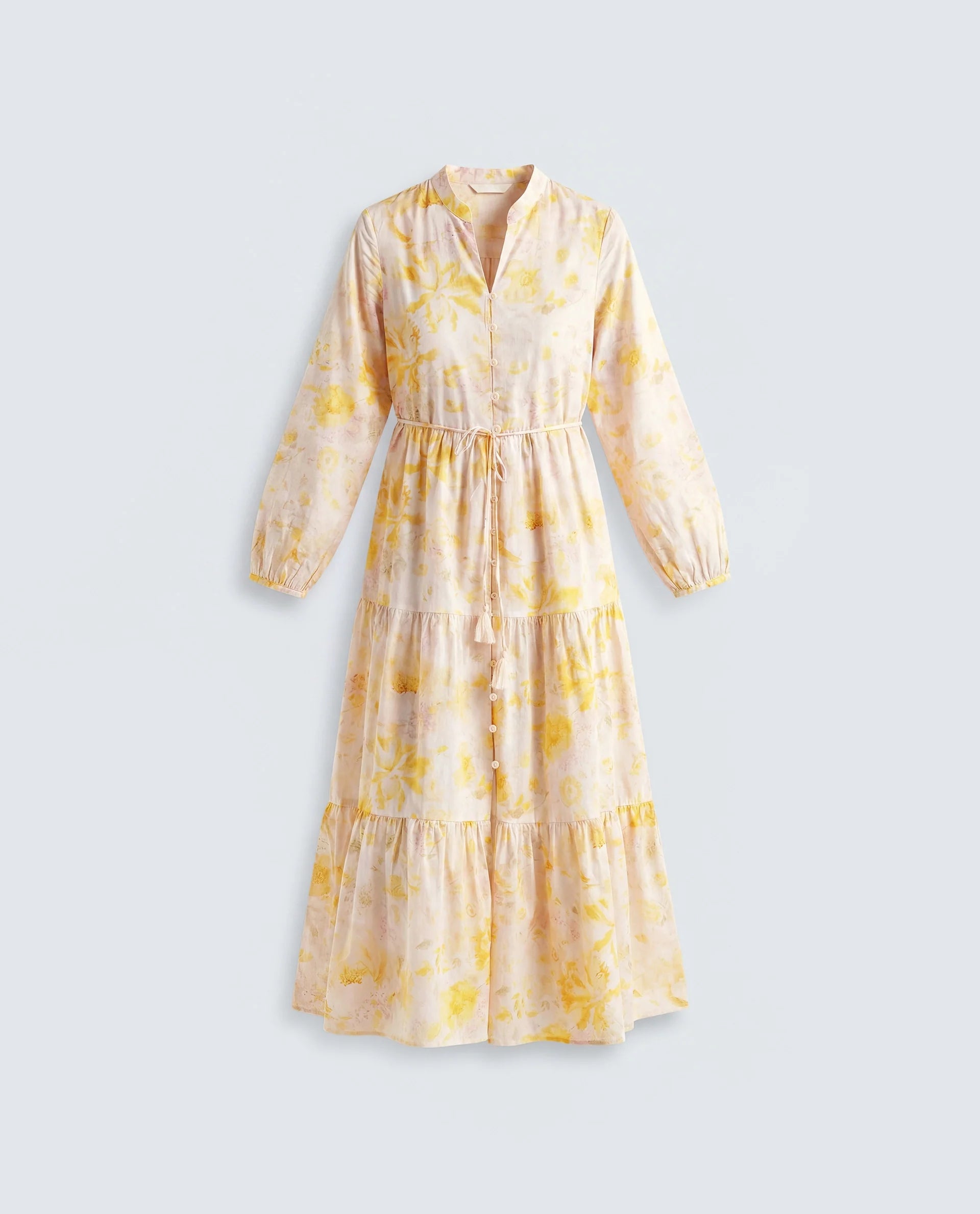 Rareism Women's Runo Yellow Cotton Band Collar Regular Floral Print Dress