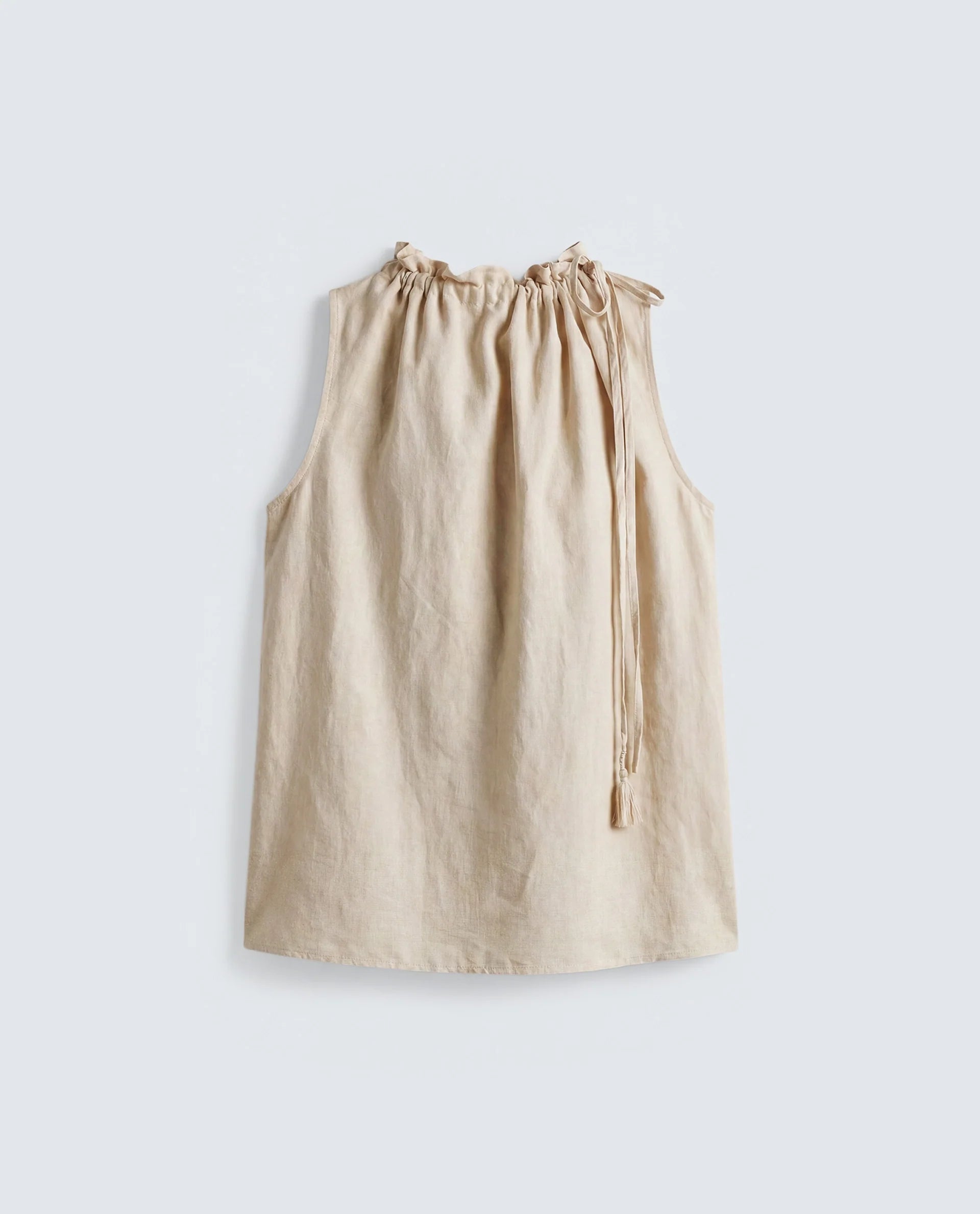 Rareism Women's Russo Beige Linen Blend Ruffled Neck Relaxed Plain Top