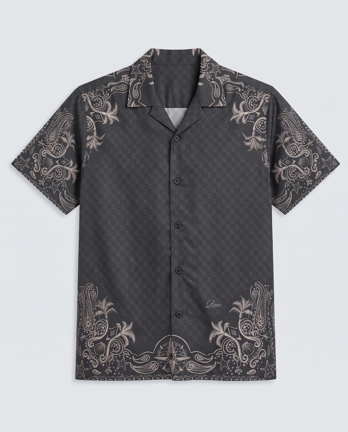 Rare Rabbit Men's Boso Black Cotton Blend Fabric Half Sleeve Cuban Collar Regular Fit Monogram Print Shirt