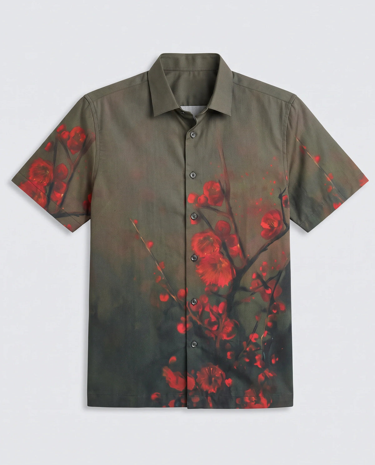 Rare Rabbit Men's Dufy Dusky Olive Cotton Blend Fabric Half Sleeve Spread Collar Regular Fit Floral Print Shirt