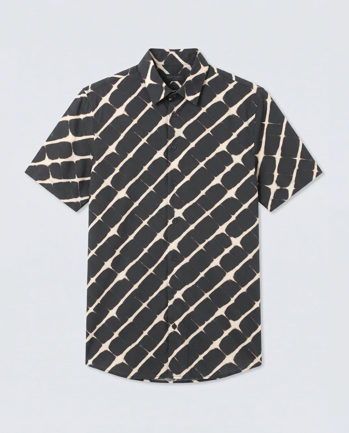 Rare Rabbit Men's Gunt Black Viscose Fabric Half Sleeve Spread Collar Regular Fit Abstract Print Shirt